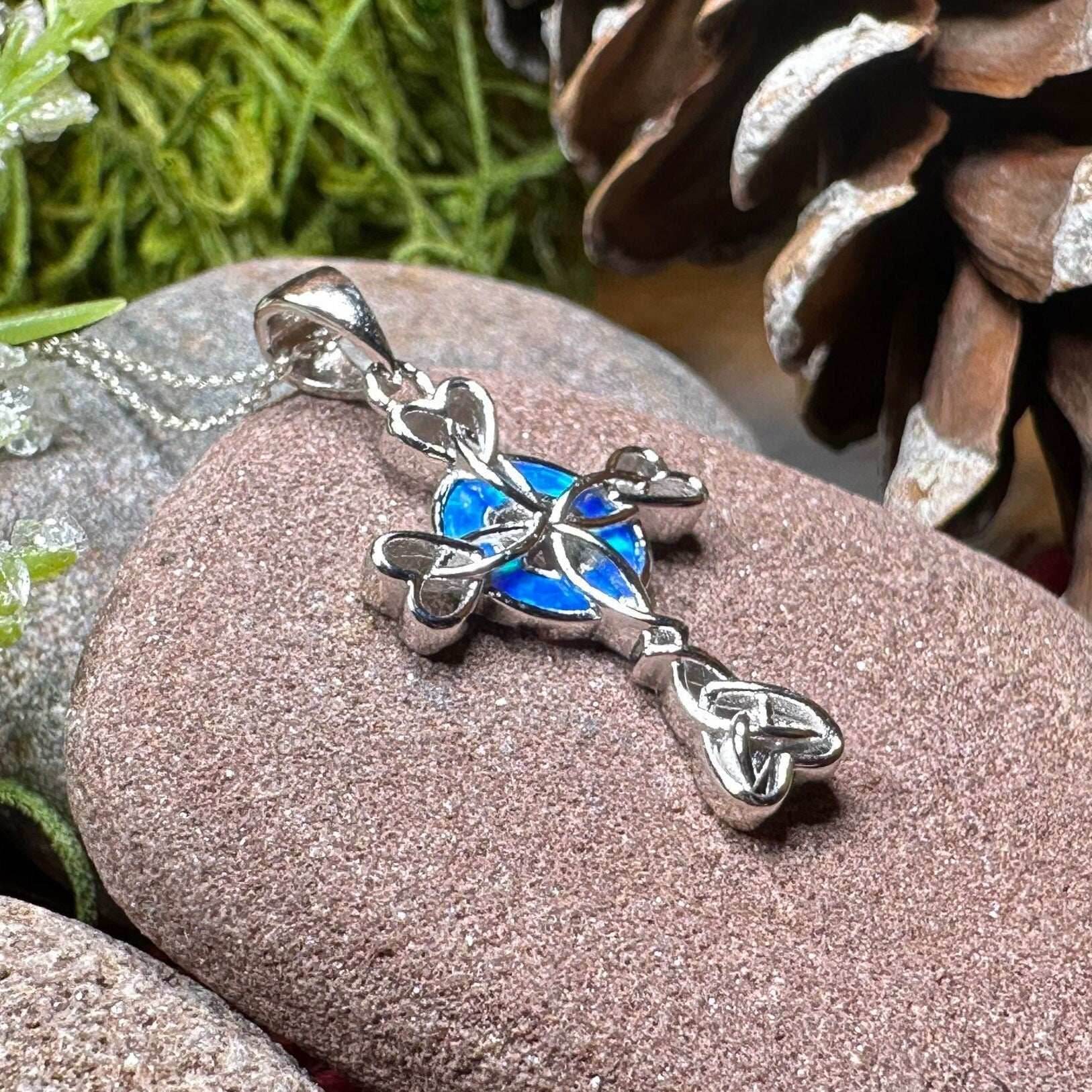 Gaelle Celtic Cross Opal Necklace - Blue