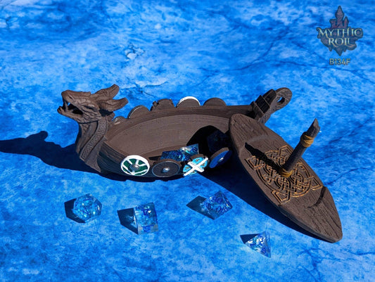 Viking Longboat 3D Printed Dice Jail | RPG Dice Vault | D20 Storage Box | Player Gift | Mythic Roll by Unchained Games - Black / Yes- Include Random Dice Set