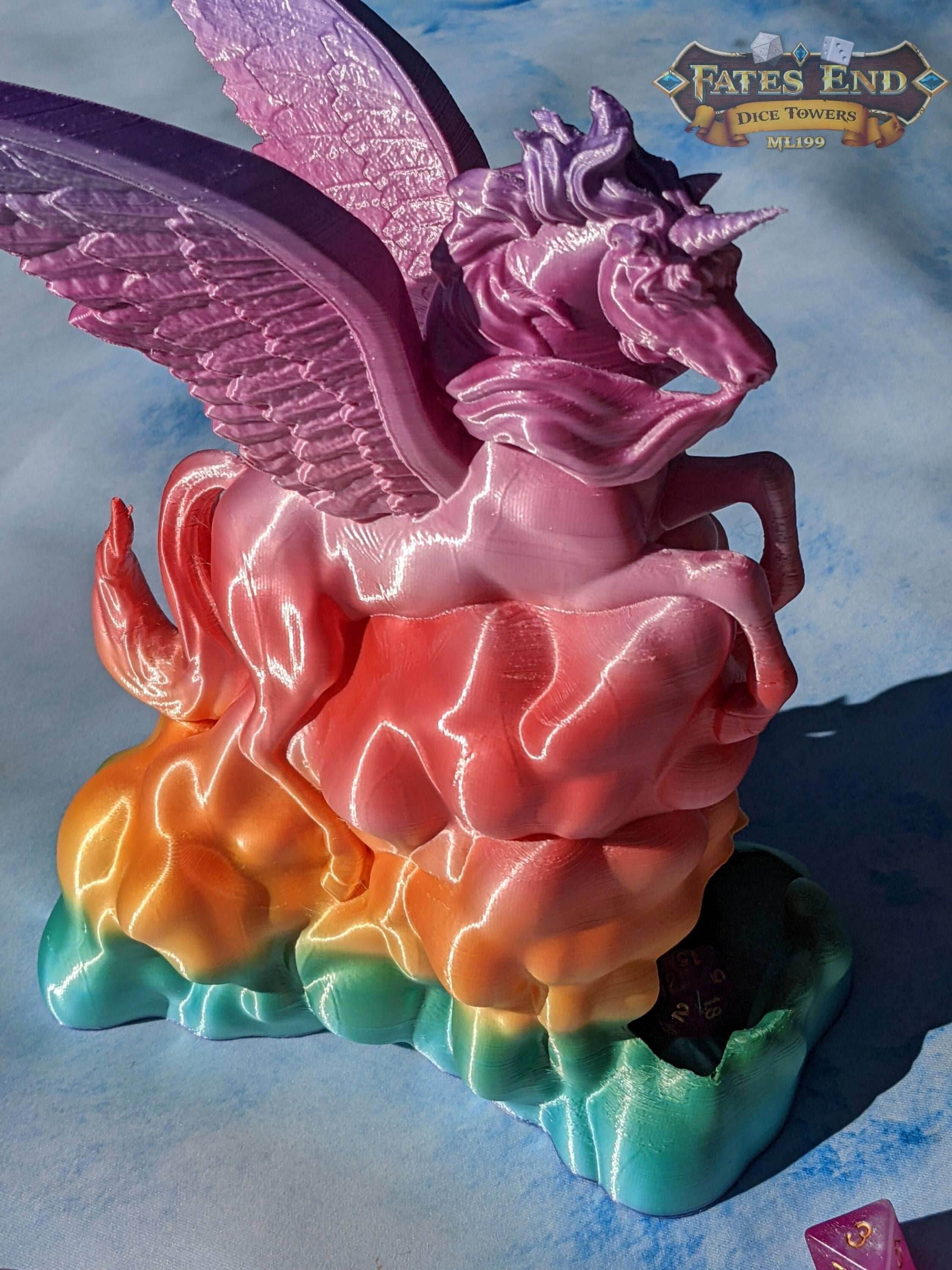 Alicorn & Unicorn 3D Printed Dice Tower- Fate's End Collection - Magical Dice Rolling Experience - Black / Alicorn (With Wings)