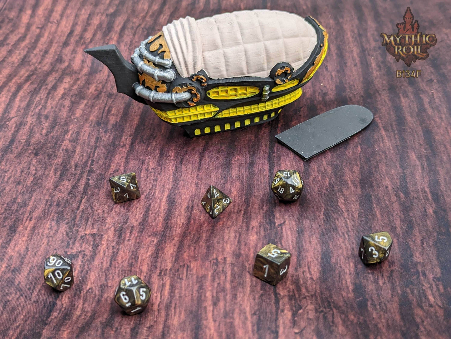 Steampunk Blimp Airship 3D Printed Dice Vault - Mythic Roll by Unchained Games | RPG Dice Jail | D20 Dice Box - Elevate Your Rolls! - Black / Yes- Include Random Dice Set