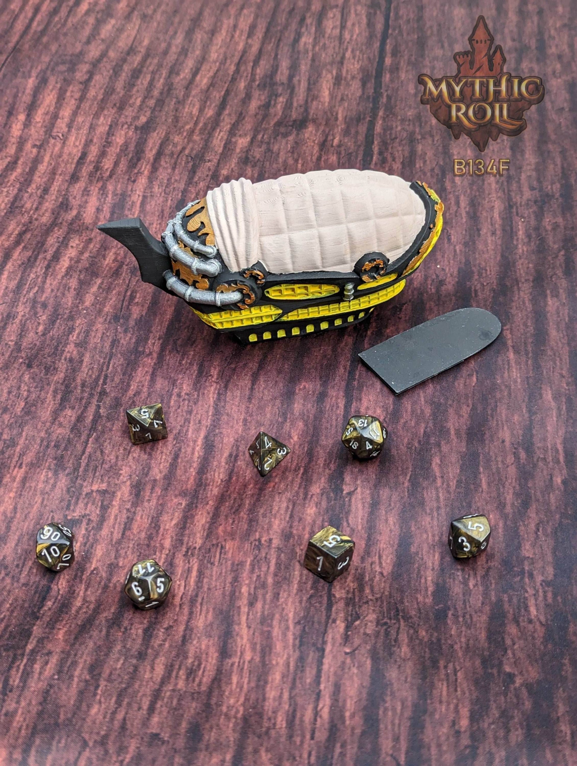 Steampunk Blimp Airship 3D Printed Dice Vault - Mythic Roll by Unchained Games | RPG Dice Jail | D20 Dice Box - Elevate Your Rolls! - Black / Yes- Include Random Dice Set