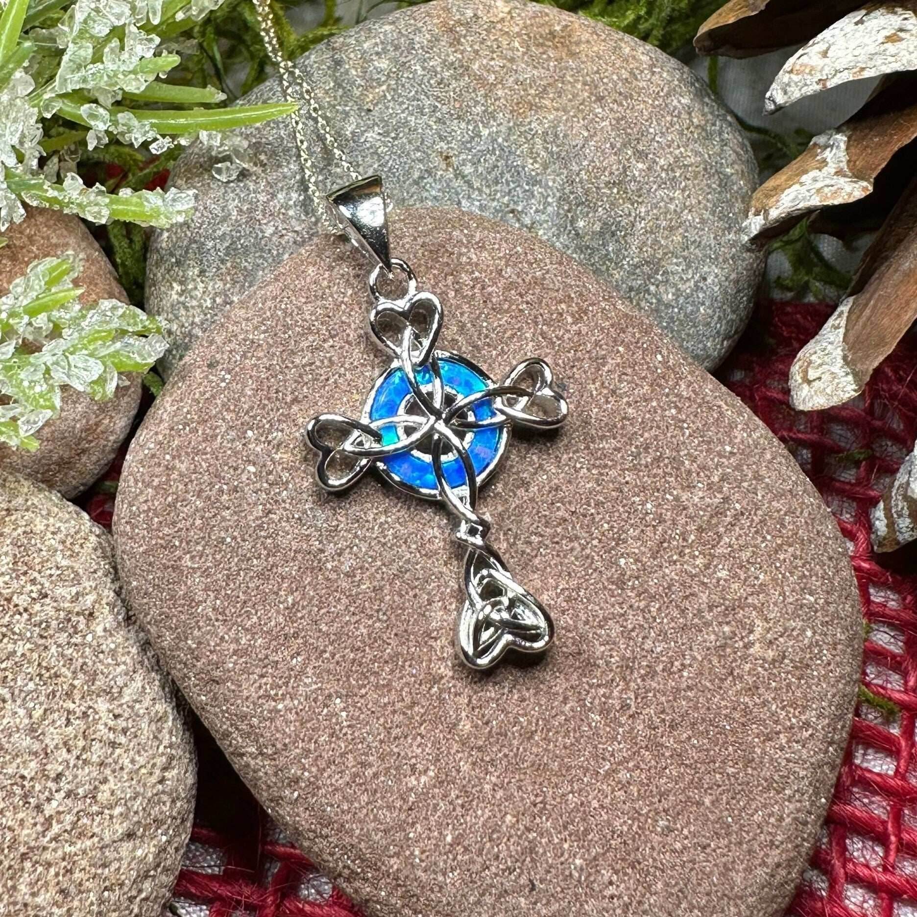 Gaelle Celtic Cross Opal Necklace - Blue