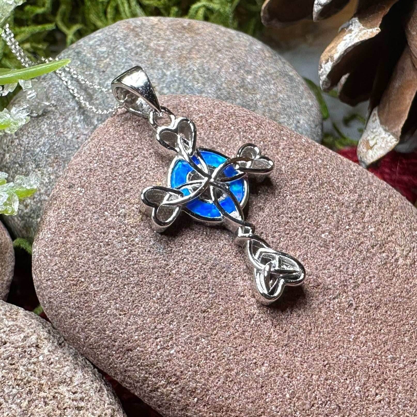 Gaelle Celtic Cross Opal Necklace - Blue