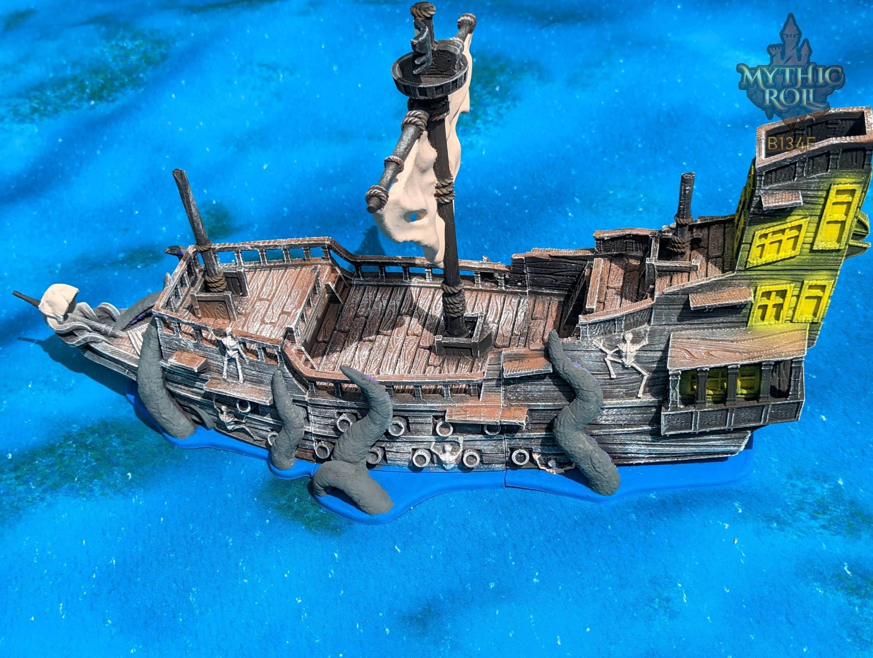 Ghost Pirate Ship 3D Printed Dice Tower - Mythic Roll Collection by Unchained Games | Dice Tray | D20 Dice Vault - Set sail into the unknown! - Black / Yes- Include Random Dice Set
