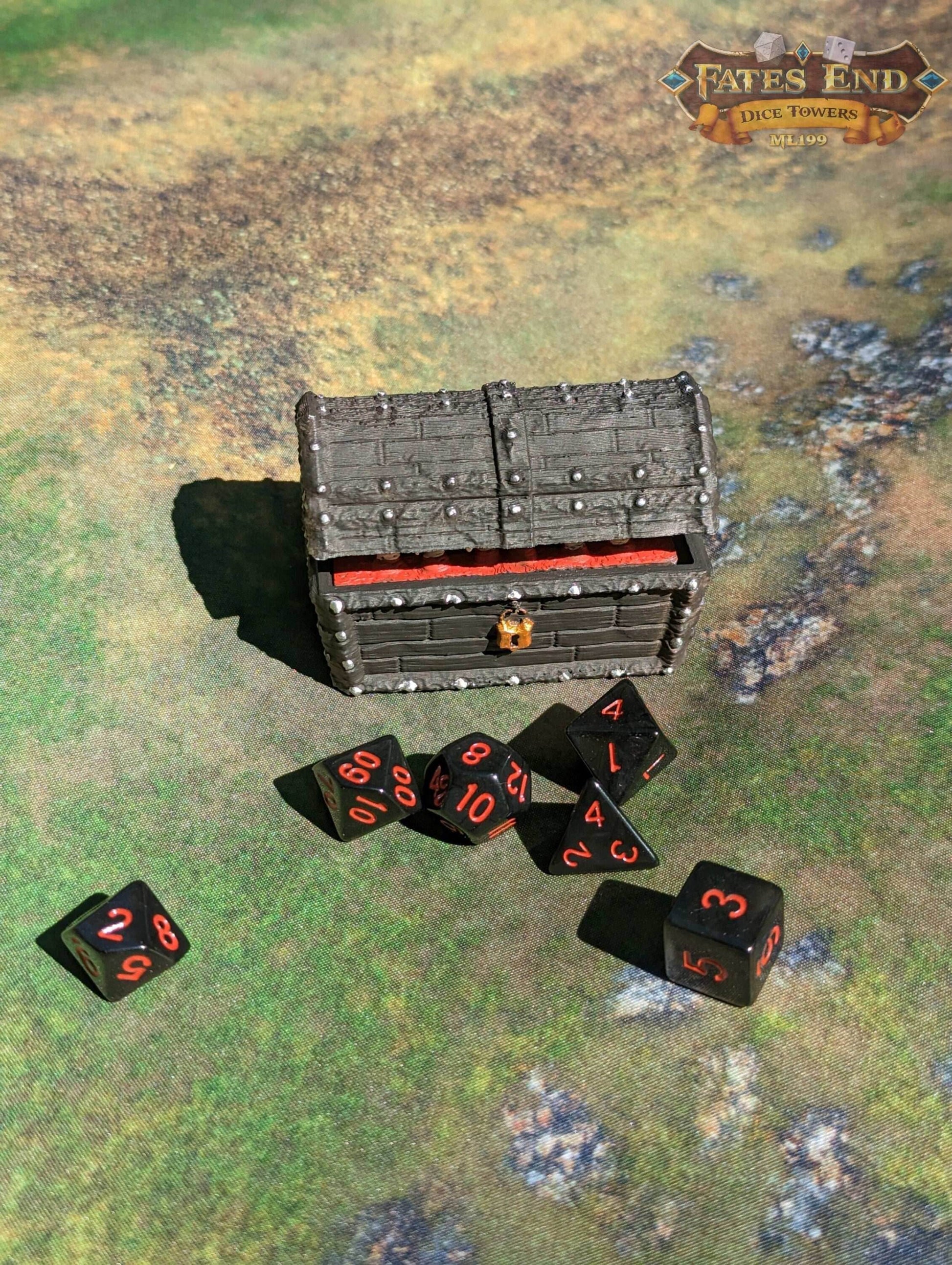 Mimic 3D Printed Dice Jail | RPG Dice Vault | D20 Box | Player Gift - Fate's End Collection - Deadly Treasure! - Black / Yes- Include Random Dice Set