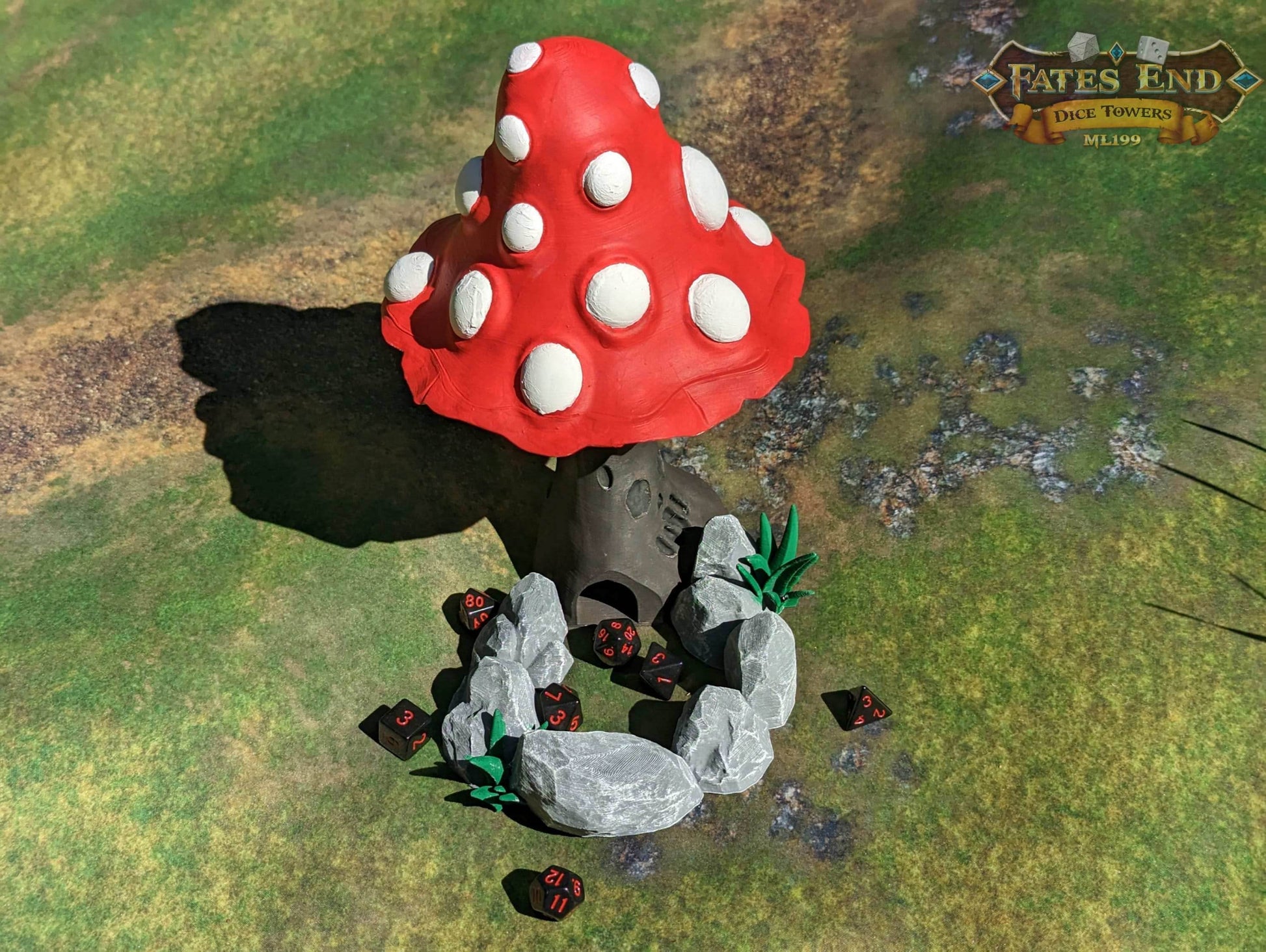 Mushroom 3D Printed Dice Tower - Fate's End Furhaven Collection - Venture into an Enchanted Realm! - Black / Yes- Include Random Dice Set