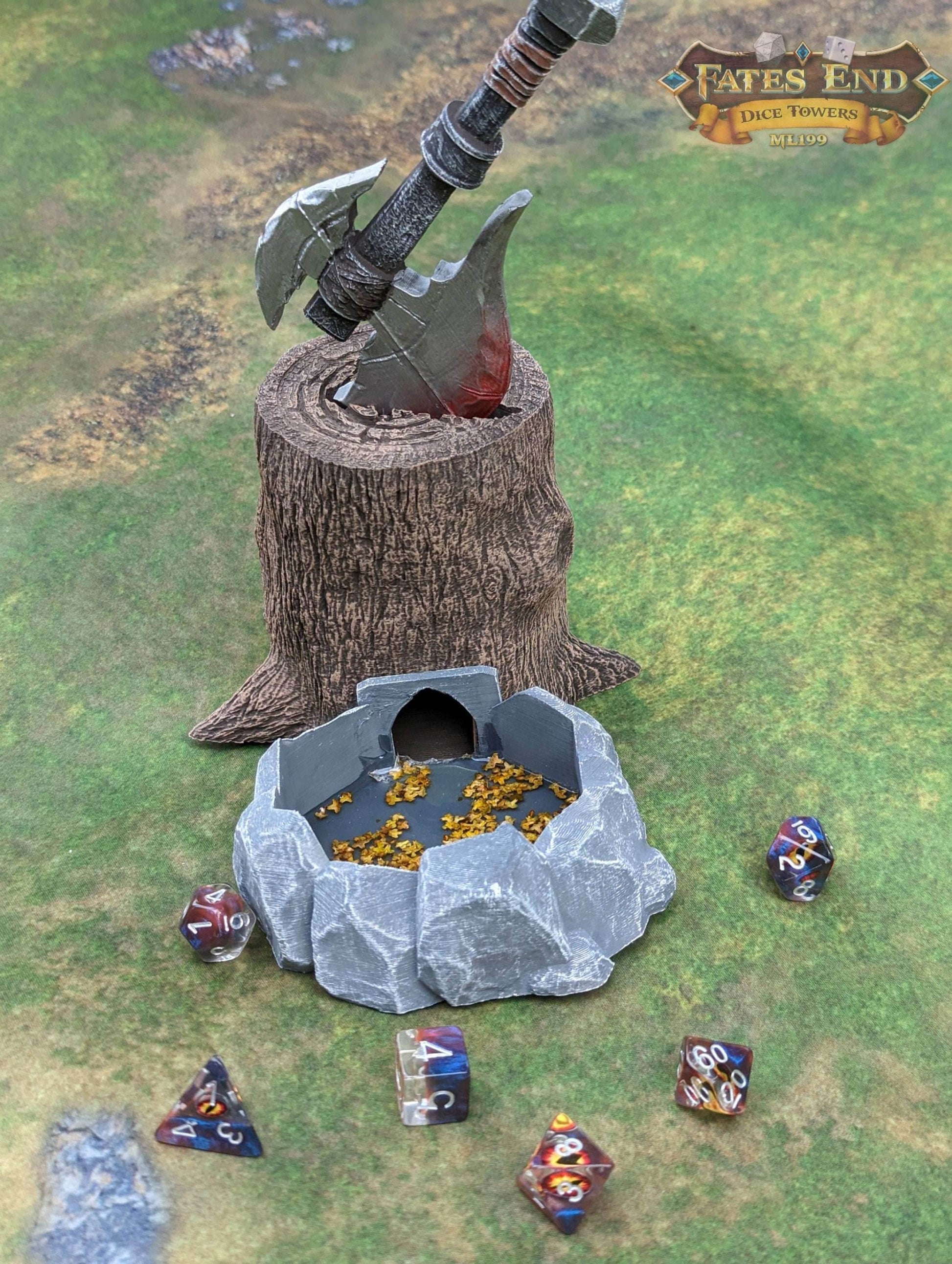 Barbarian Axe 3D Printed RPG Dice Tower - Fate's End Collection - Unleash the Untamed Spirit of Furhaven with Every Dice Toss. - Black / Yes- Include Random Dice Set