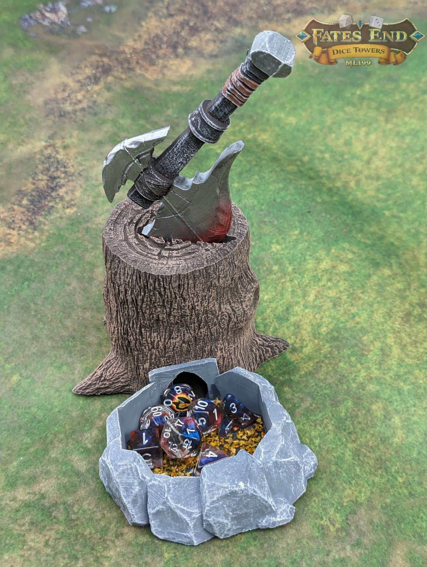 Barbarian Axe 3D Printed RPG Dice Tower - Fate's End Collection - Unleash the Untamed Spirit of Furhaven with Every Dice Toss. - Black / Yes- Include Random Dice Set