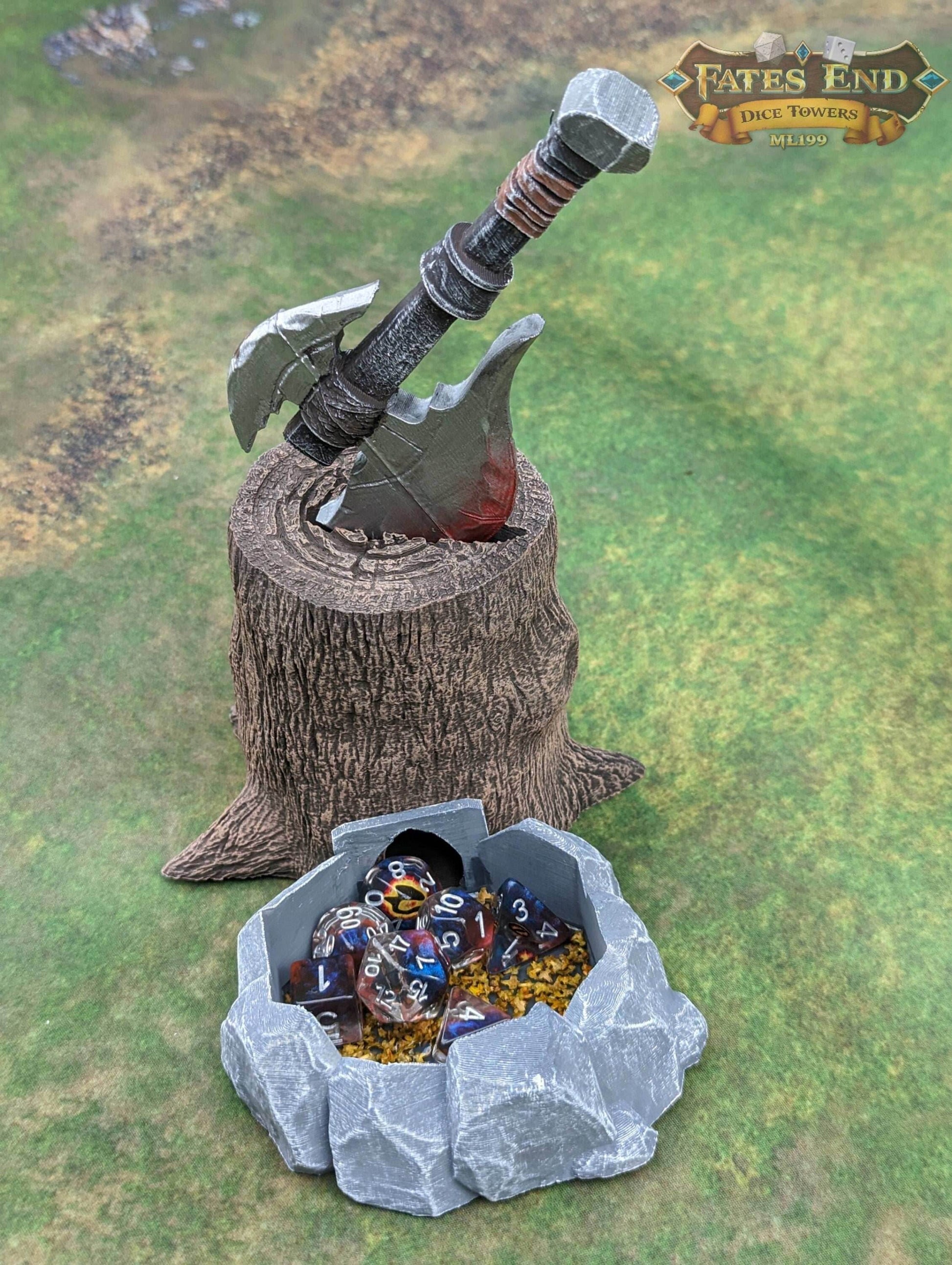 Barbarian Axe 3D Printed RPG Dice Tower - Fate's End Collection - Unleash the Untamed Spirit of Furhaven with Every Dice Toss. - Black / Yes- Include Random Dice Set