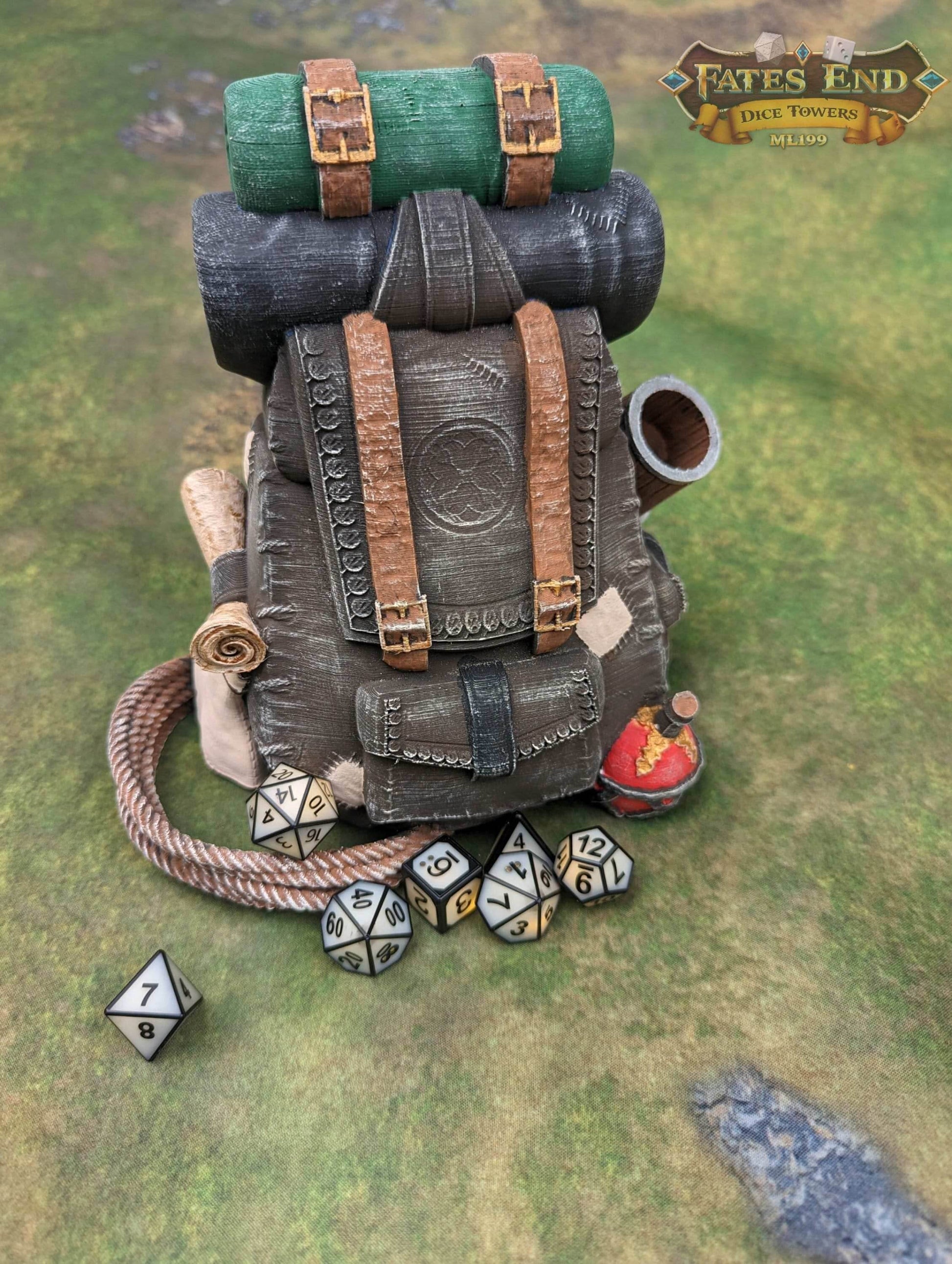 Ranger Back Pack 3D Printed Dice Tower - Fate's End Collection | Dice Tray | D20 Dice Vault - Adventure Time! - Black / Yes- Include Random Dice Set
