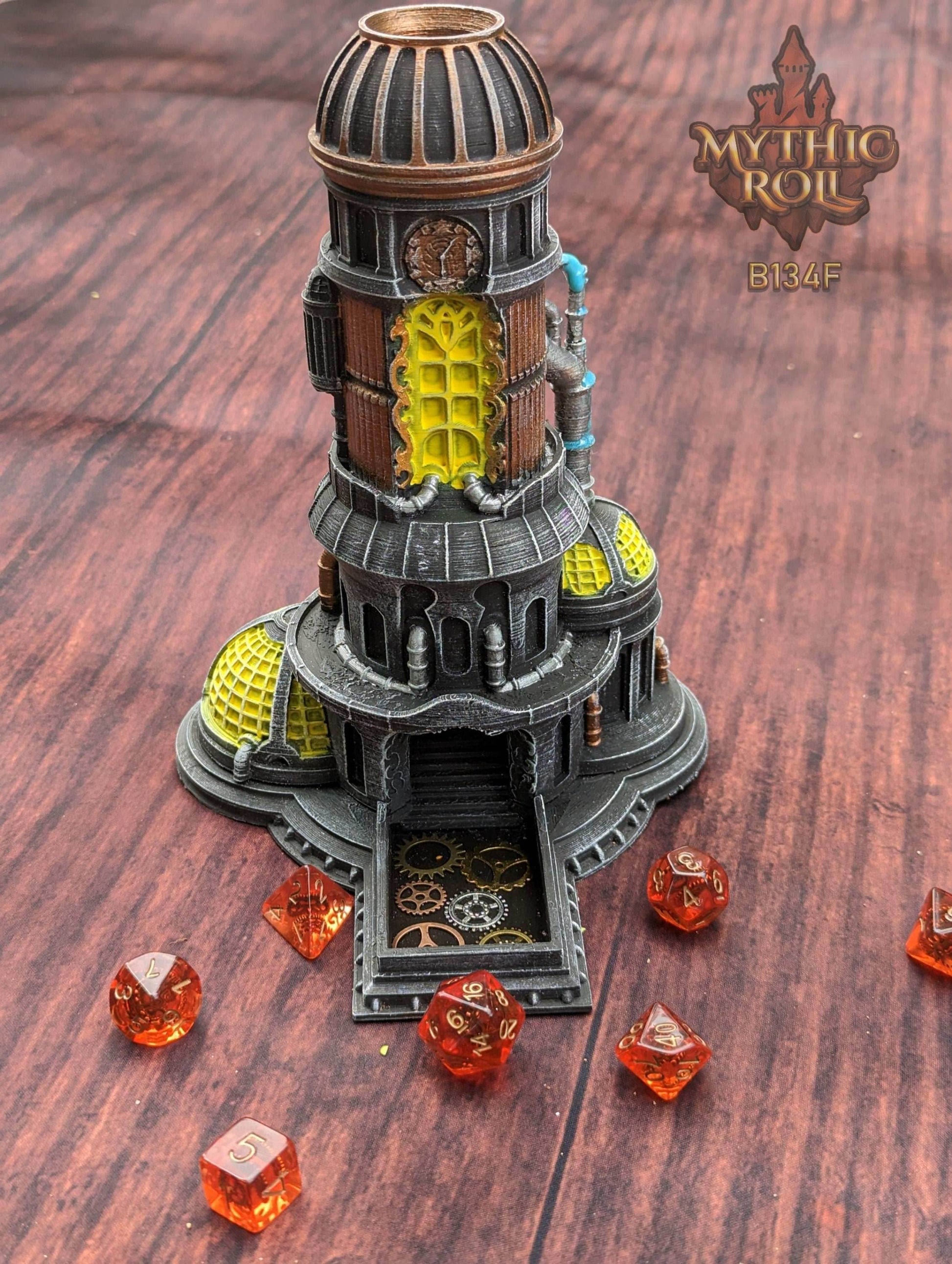 Steampunk 3D Printed Dice Tower- Mythic Roll Collection by Unchained Games - Tabletop RPG Gaming Cosplay - Roll with Clock Work Precision! - Black / Yes- Include Random Dice Set