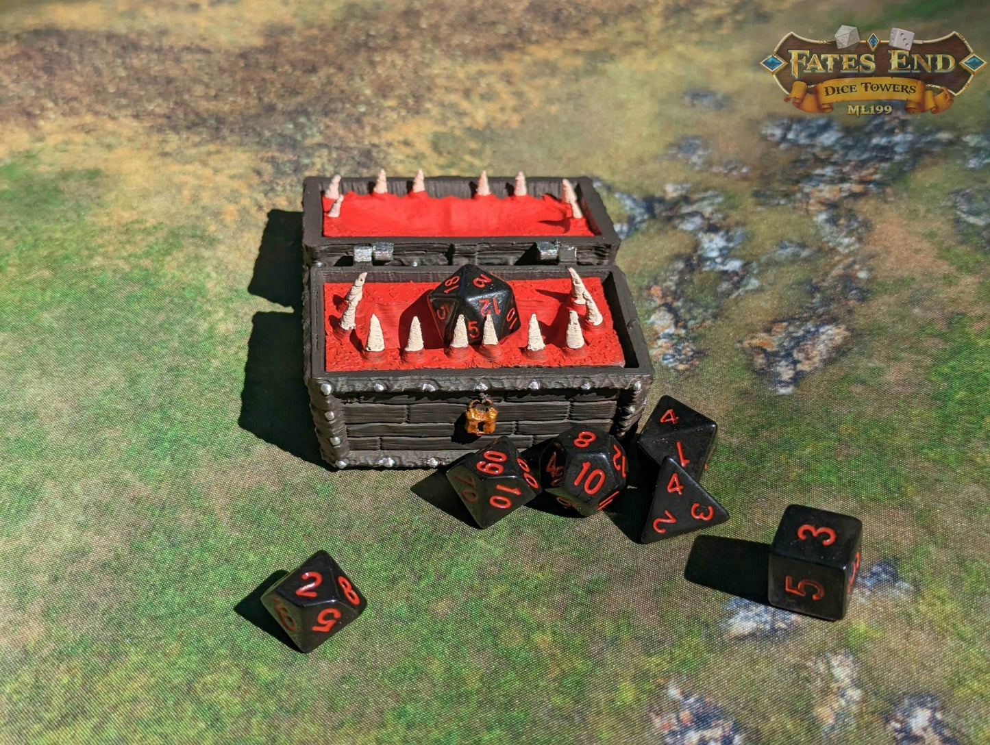 Mimic 3D Printed Dice Jail | RPG Dice Vault | D20 Box | Player Gift - Fate's End Collection - Deadly Treasure! - Black / Yes- Include Random Dice Set