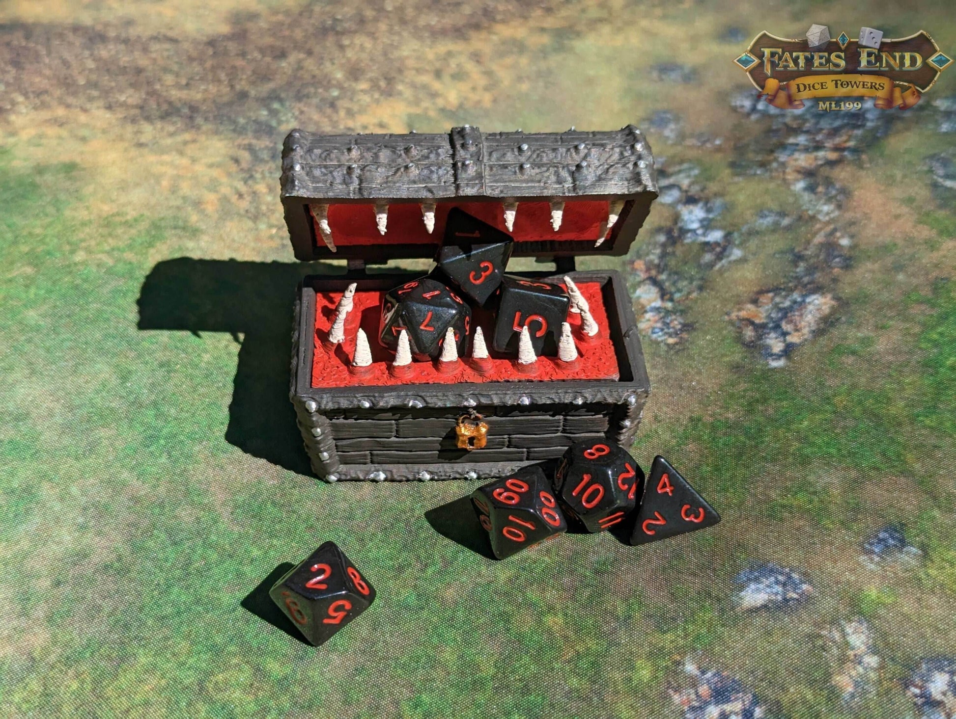 Mimic 3D Printed Dice Jail | RPG Dice Vault | D20 Box | Player Gift - Fate's End Collection - Deadly Treasure! - Black / Yes- Include Random Dice Set