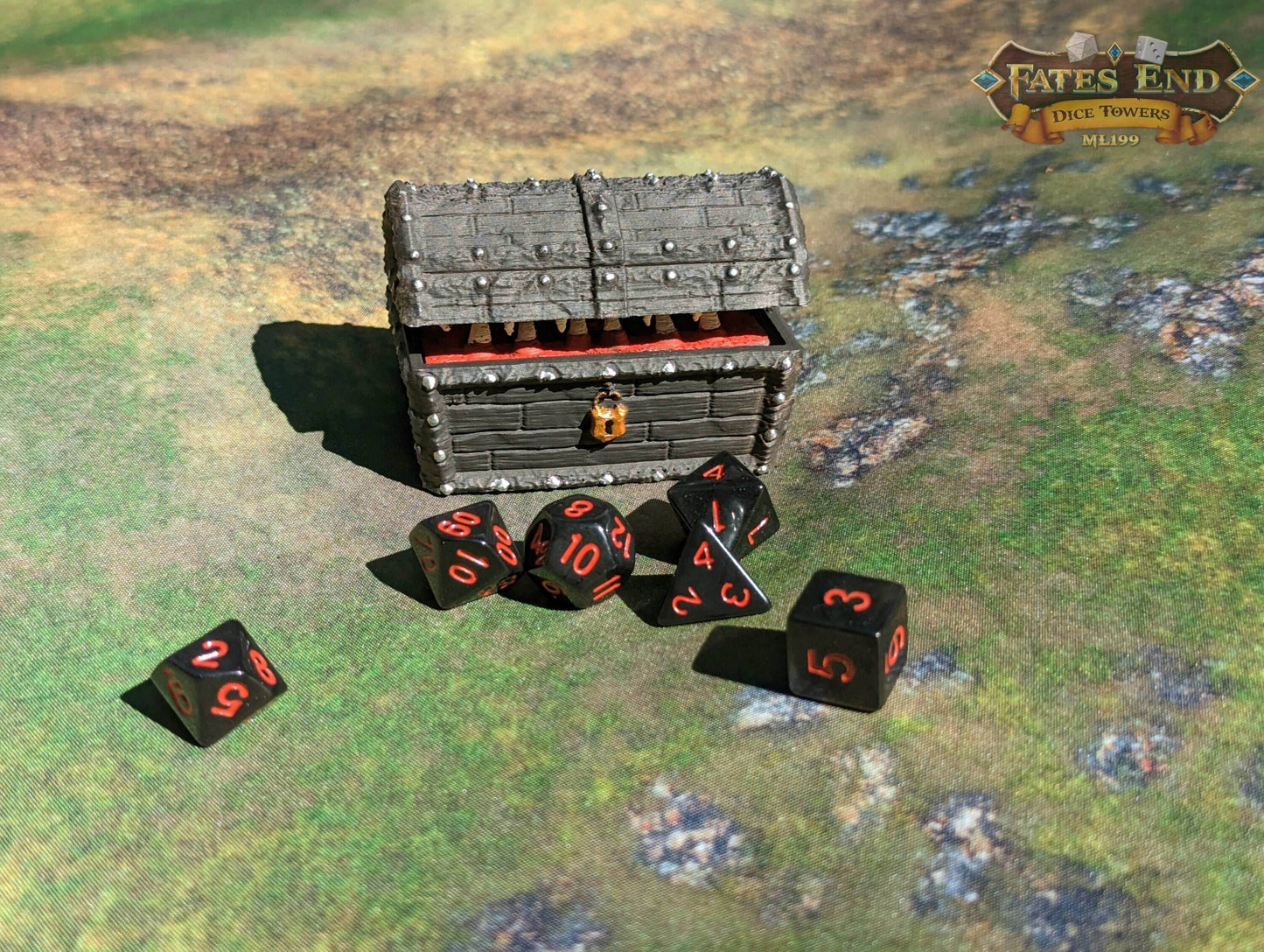 Mimic 3D Printed Dice Jail | RPG Dice Vault | D20 Box | Player Gift - Fate's End Collection - Deadly Treasure! - Black / Yes- Include Random Dice Set