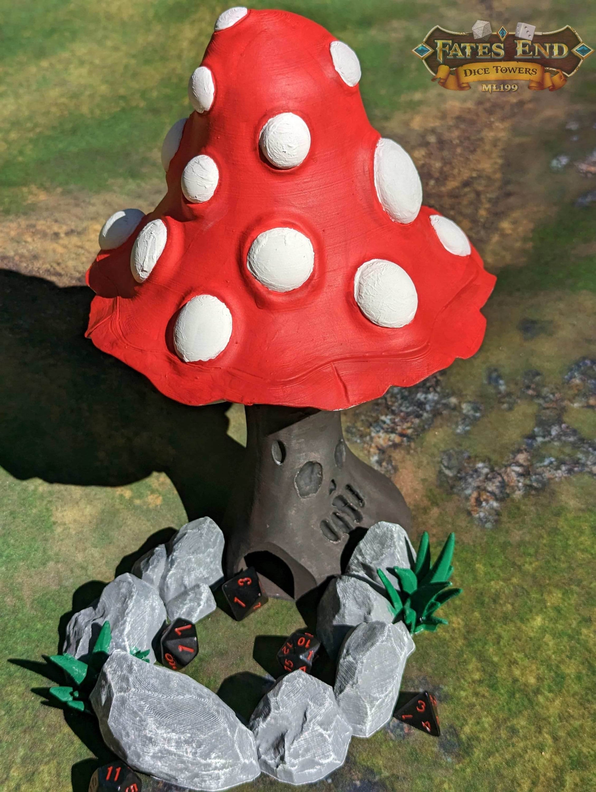 Mushroom 3D Printed Dice Tower - Fate's End Furhaven Collection - Venture into an Enchanted Realm! - Black / Yes- Include Random Dice Set