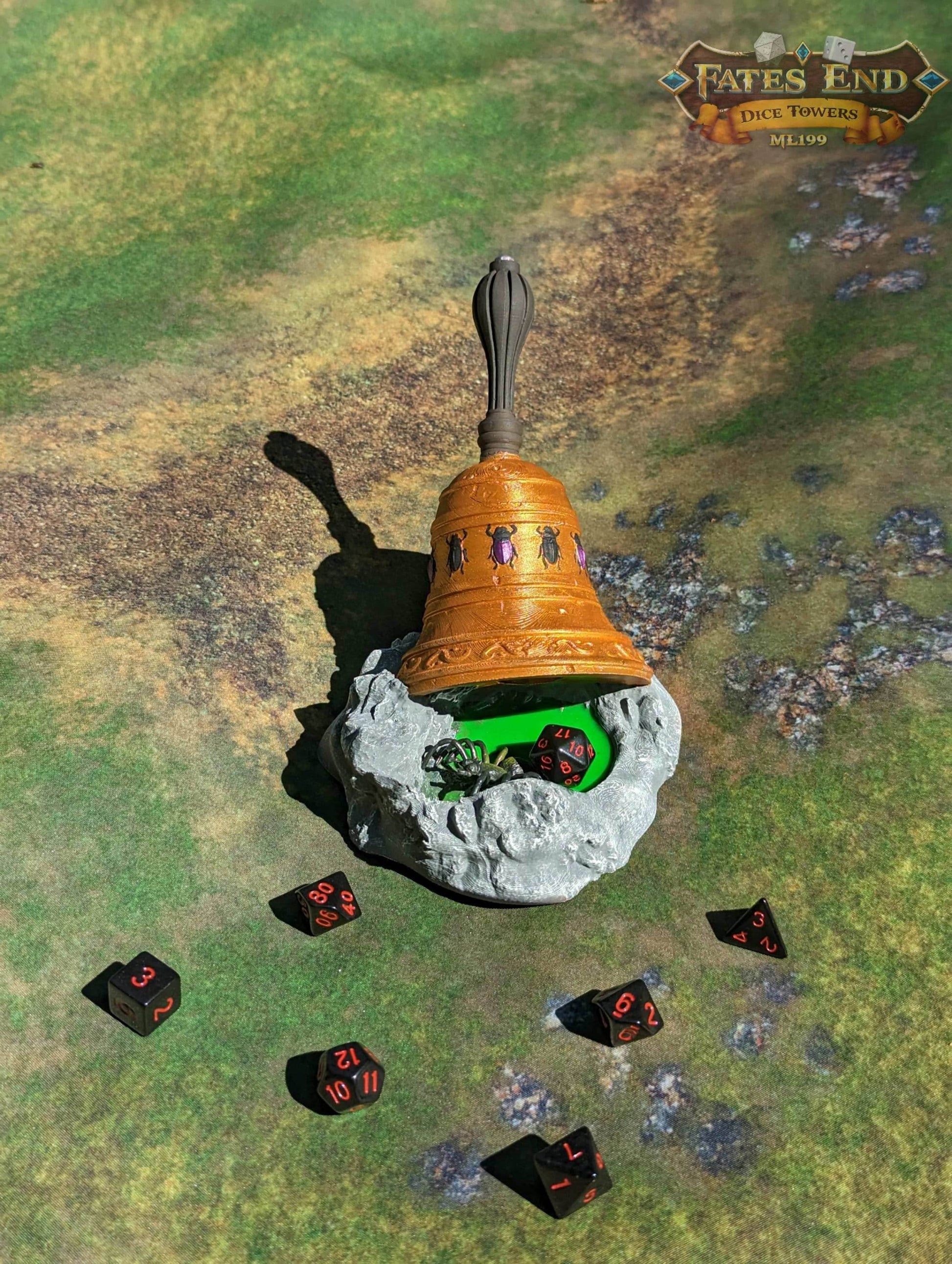 Bell of Bugs Dice Tower - Fate's End Collection - Summon Nature's Melodies and Mysteries with Every Ring. - Black / Yes- Include Random Dice Set