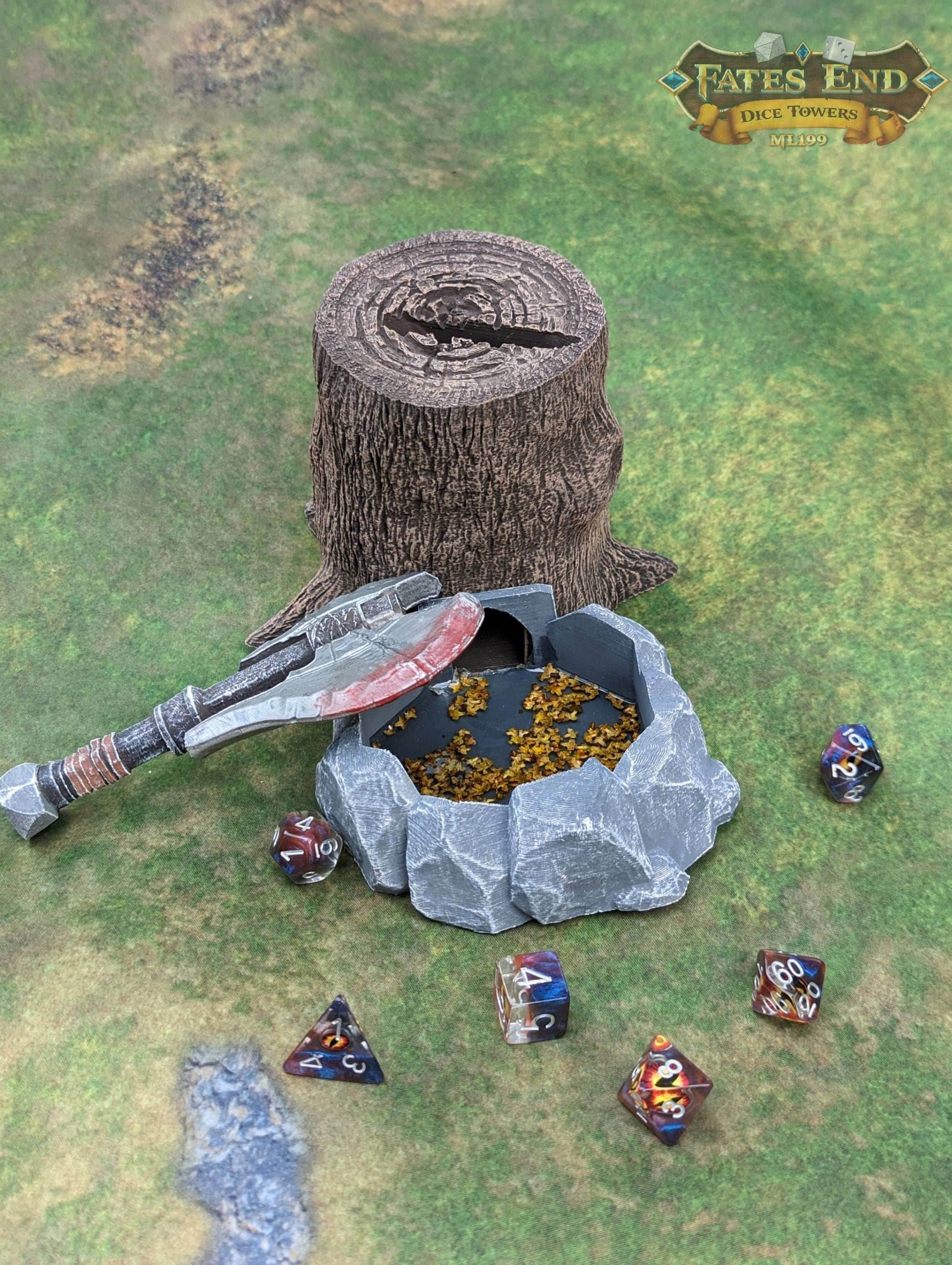 Barbarian Axe 3D Printed RPG Dice Tower - Fate's End Collection - Unleash the Untamed Spirit of Furhaven with Every Dice Toss. - Black / Yes- Include Random Dice Set