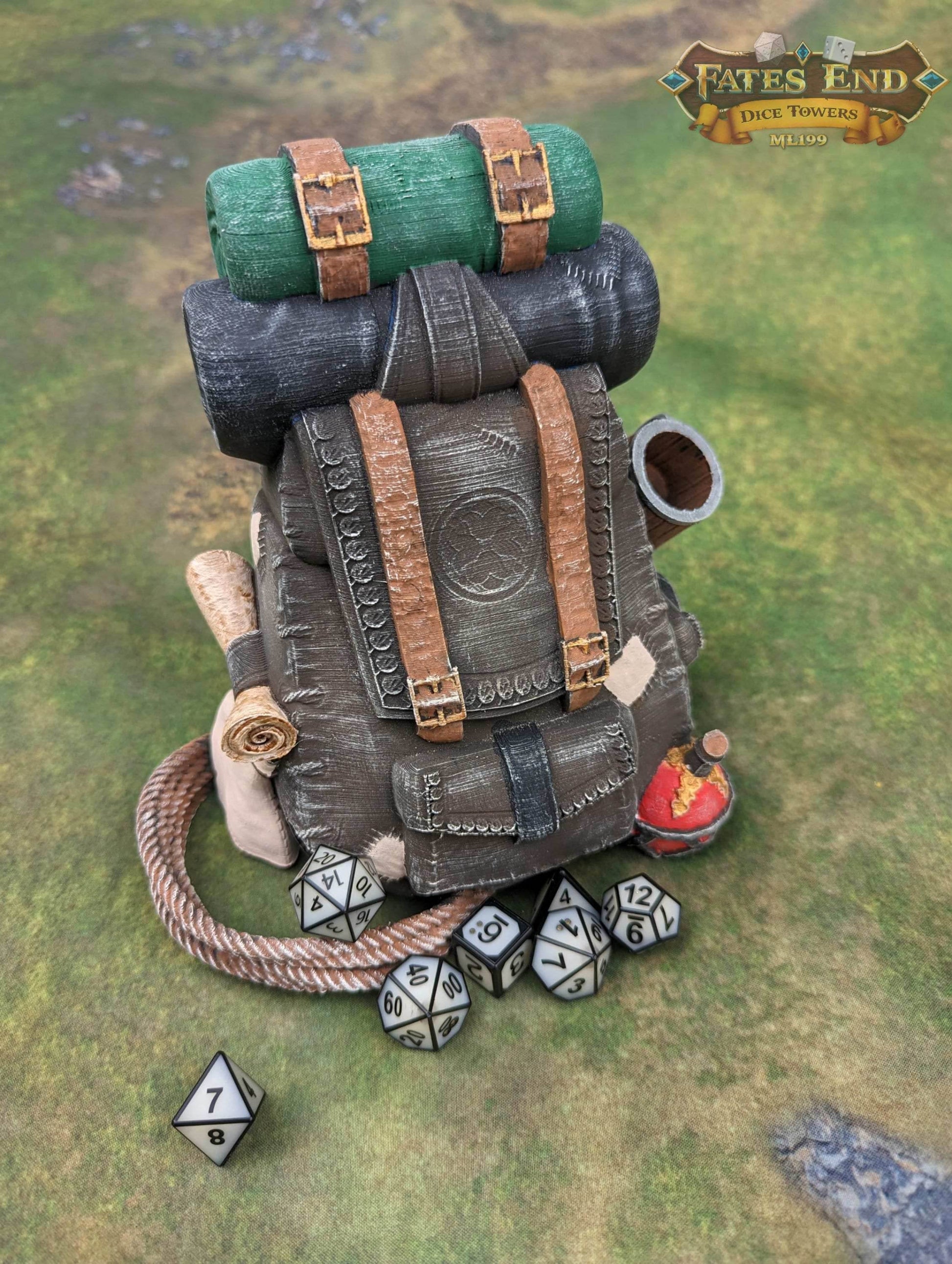 Ranger Back Pack 3D Printed Dice Tower - Fate's End Collection | Dice Tray | D20 Dice Vault - Adventure Time! - Black / Yes- Include Random Dice Set
