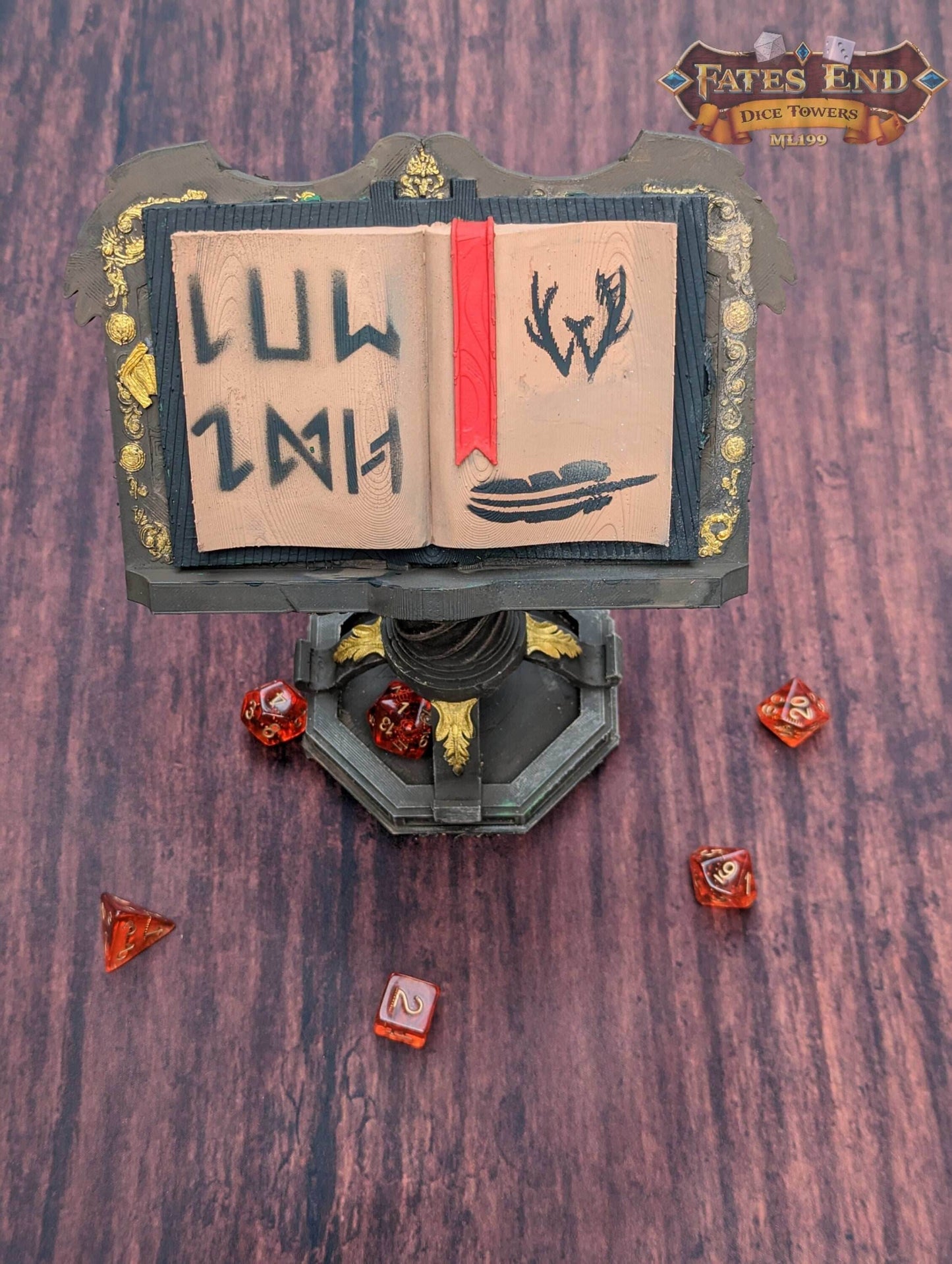 Magic Spell Book Tome 3D Printed Dice Tower - Fate's End Furhaven Collection - Unlock the Arcane Secrets of the Magic Tome! - Black / Yes- Include Random Dice Set