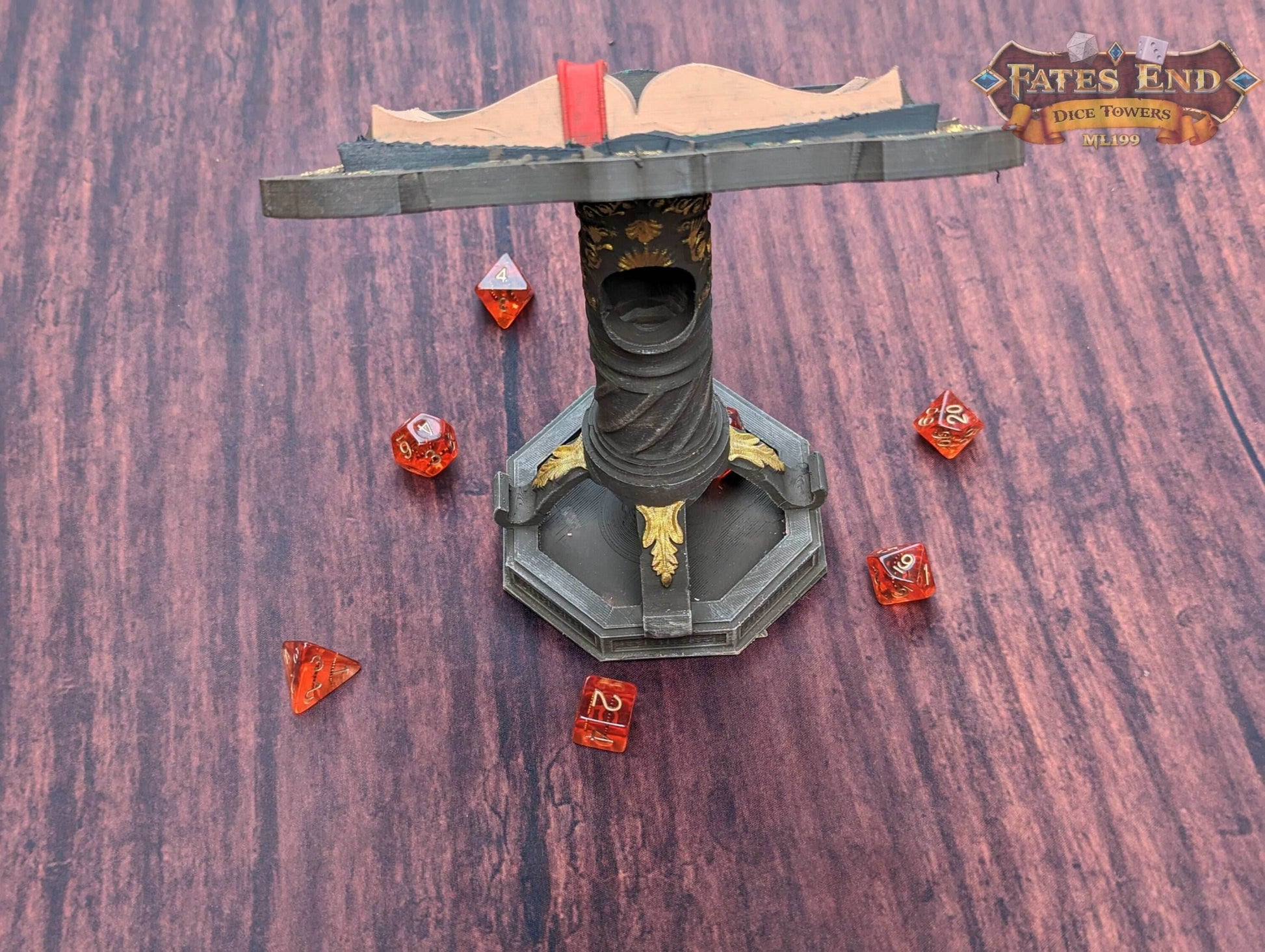Magic Spell Book Tome 3D Printed Dice Tower - Fate's End Furhaven Collection - Unlock the Arcane Secrets of the Magic Tome! - Black / Yes- Include Random Dice Set