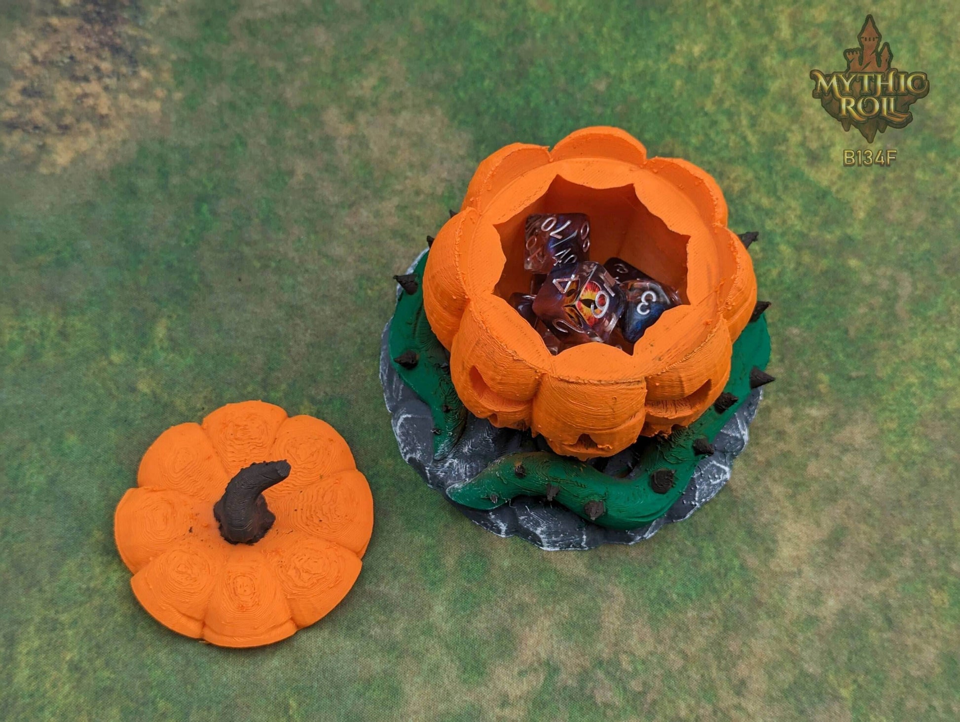 Pumpkin Jack O' Lantern 3D Printed Dice Jail - Mythic Roll Collection by Unchained Games - Guard Your Dice with Spooky Delight! - Black / Yes- Include Random Dice Set