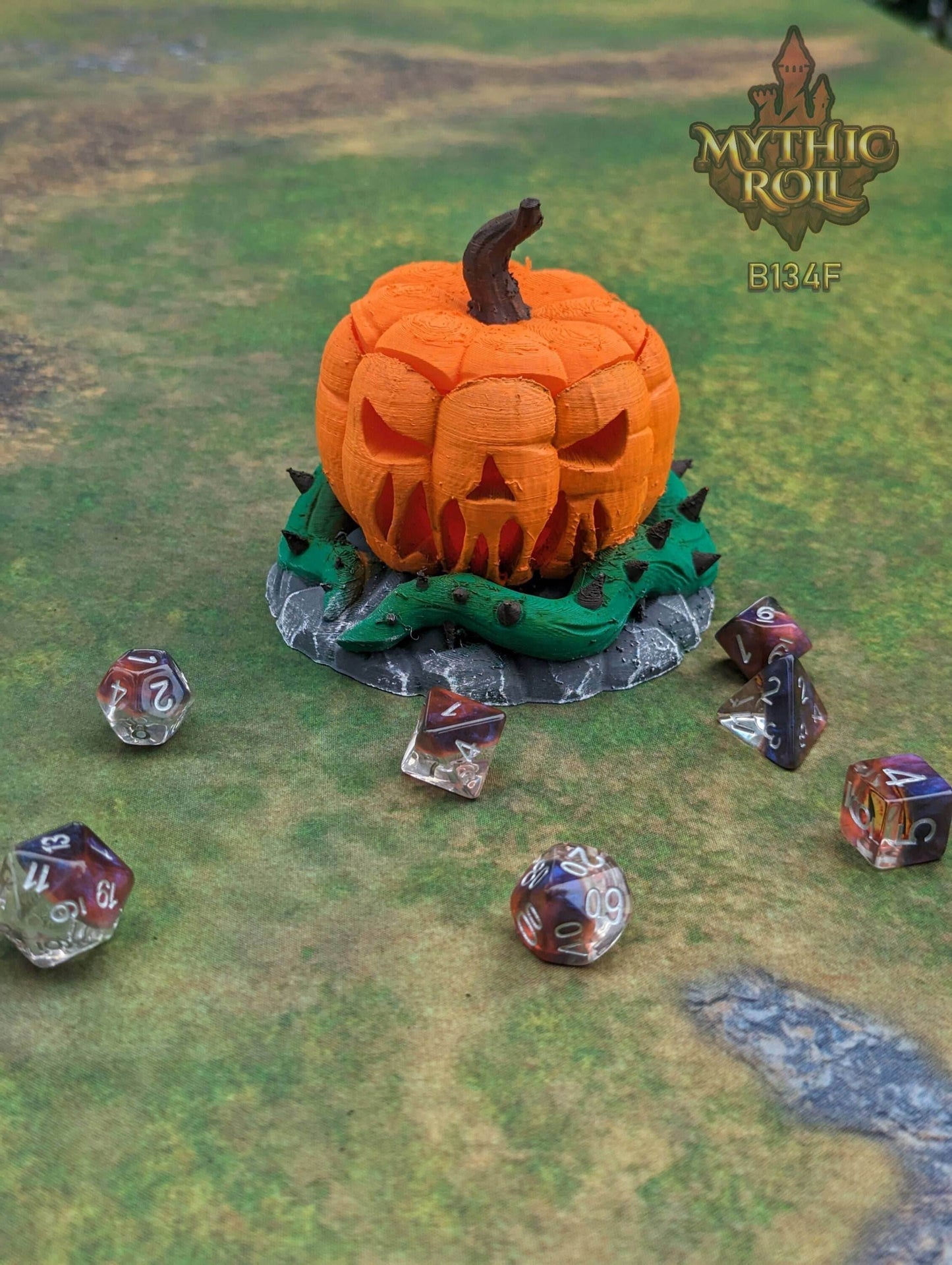 Pumpkin Jack O' Lantern 3D Printed Dice Jail - Mythic Roll Collection by Unchained Games - Guard Your Dice with Spooky Delight! - Black / Yes- Include Random Dice Set