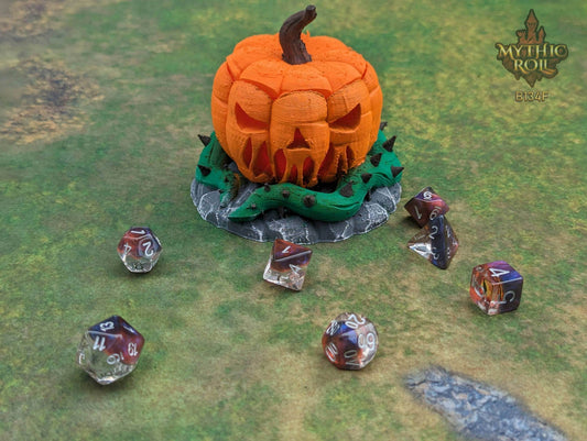Pumpkin Jack O' Lantern 3D Printed Dice Jail - Mythic Roll Collection by Unchained Games - Guard Your Dice with Spooky Delight! - Black / Yes- Include Random Dice Set