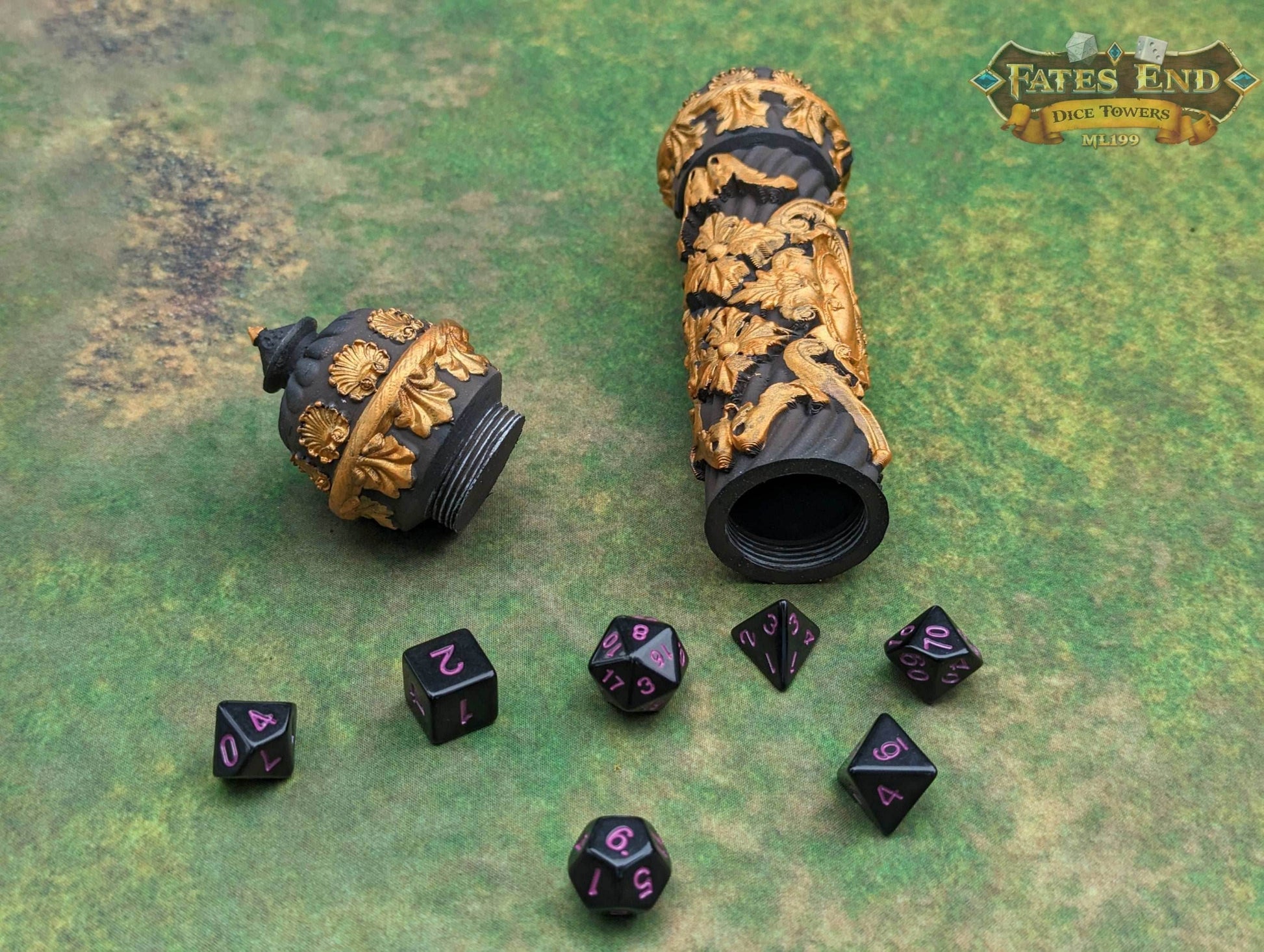 Scroll Case 3D Printed Dice Jail | RPG Dice Vault | D20 Storage Box | Player Gift - Fate's End Furhaven Collection - Enchanting secrets! - Black / Yes- Include Random Dice Set