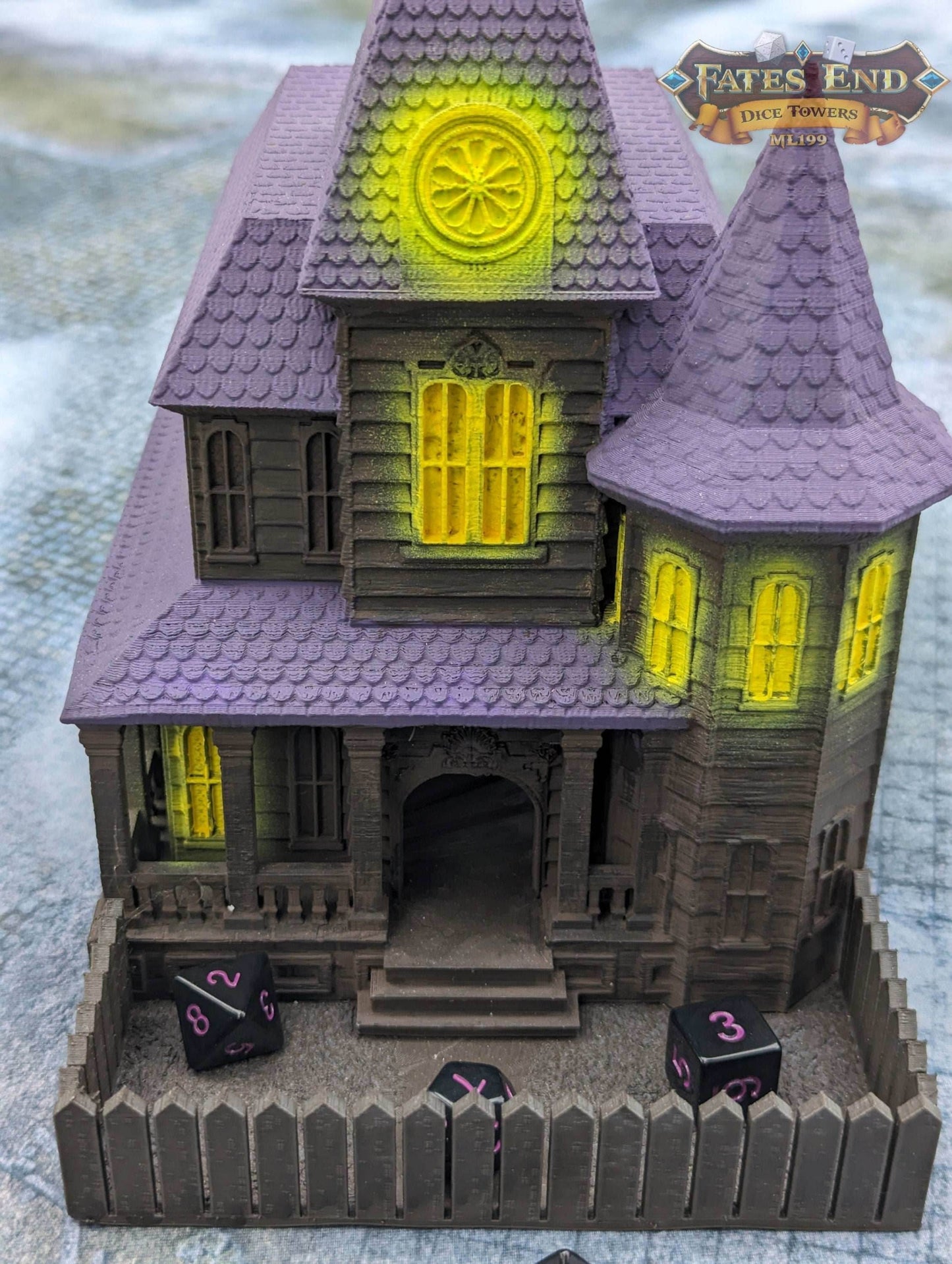 Haunted House 3D Printed Dice Tower - Fate's End Collection - Let the haunting begin!!! - Black / Yes- Include Random Dice Set