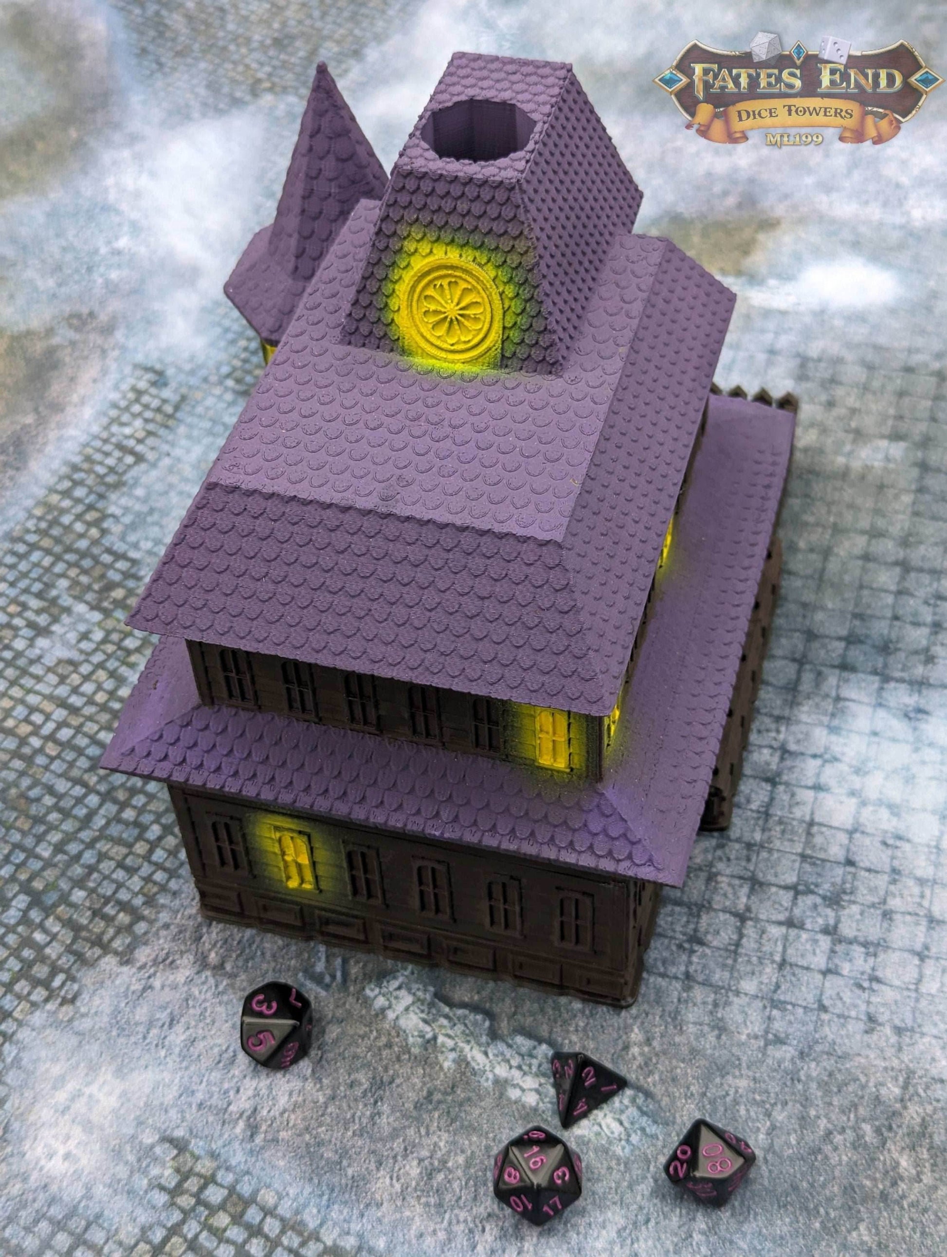 Haunted House 3D Printed Dice Tower - Fate's End Collection - Let the haunting begin!!! - Black / Yes- Include Random Dice Set