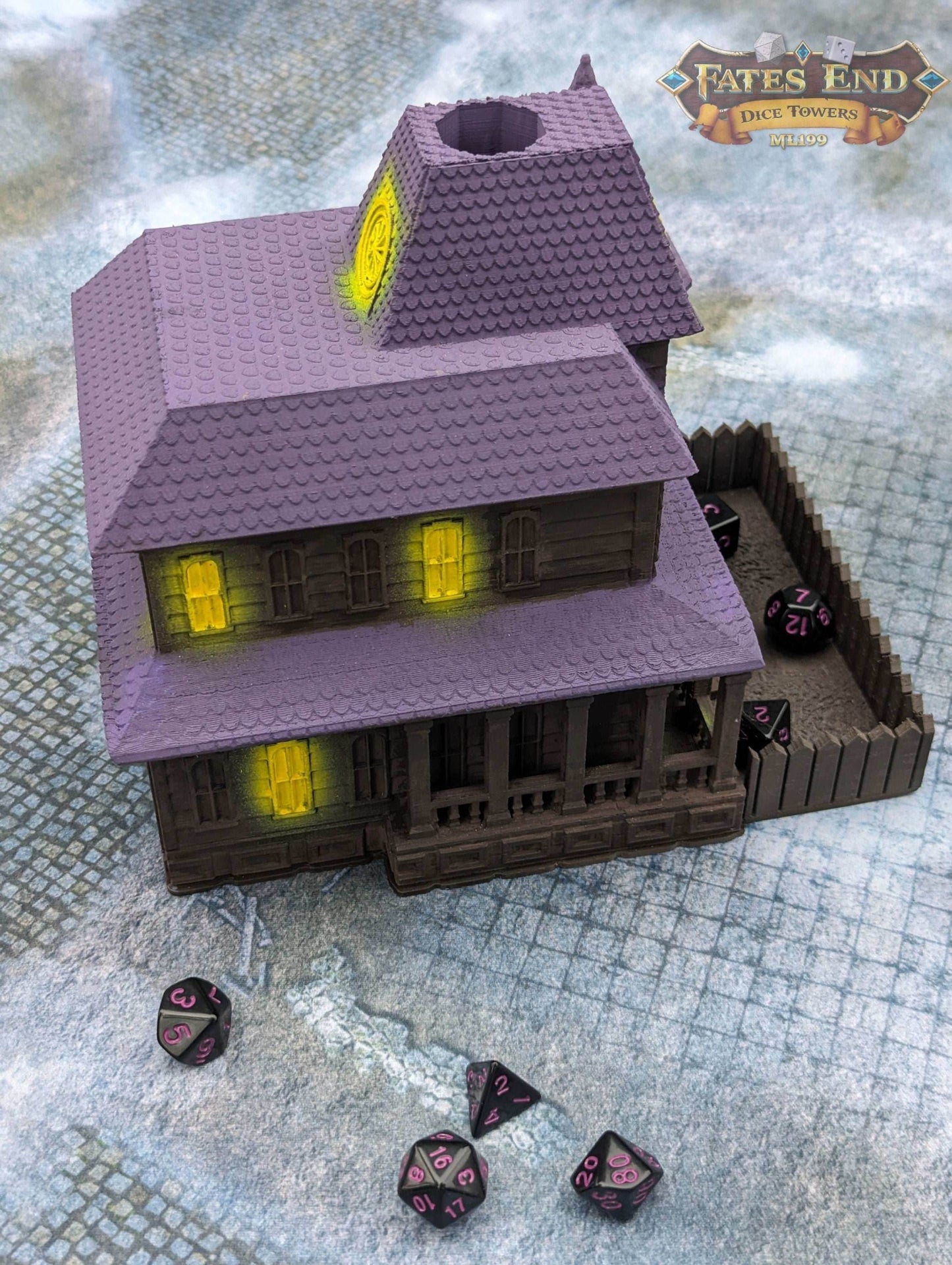 Haunted House 3D Printed Dice Tower - Fate's End Collection - Let the haunting begin!!! - Black / Yes- Include Random Dice Set