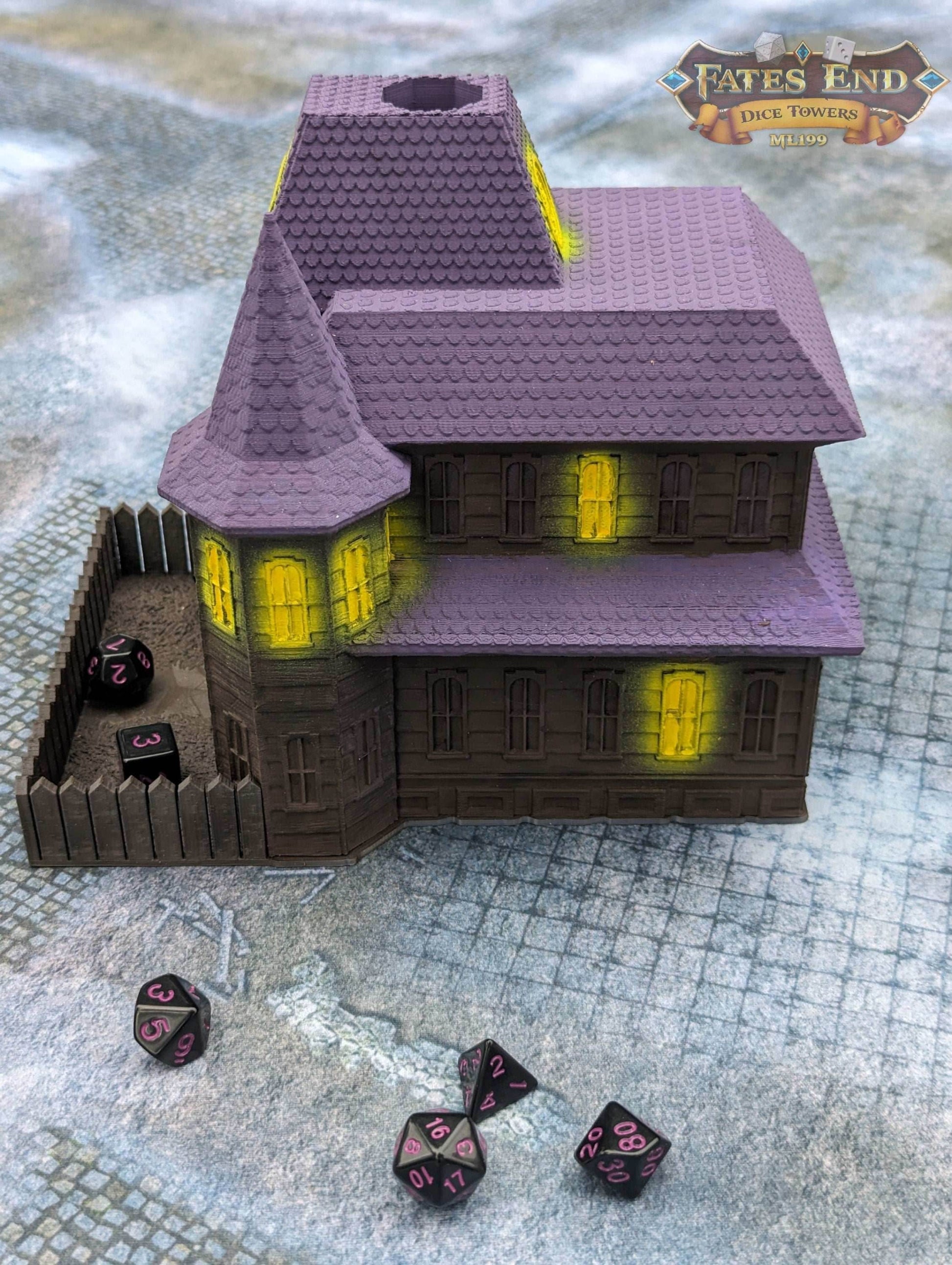 Haunted House 3D Printed Dice Tower - Fate's End Collection - Let the haunting begin!!! - Black / Yes- Include Random Dice Set