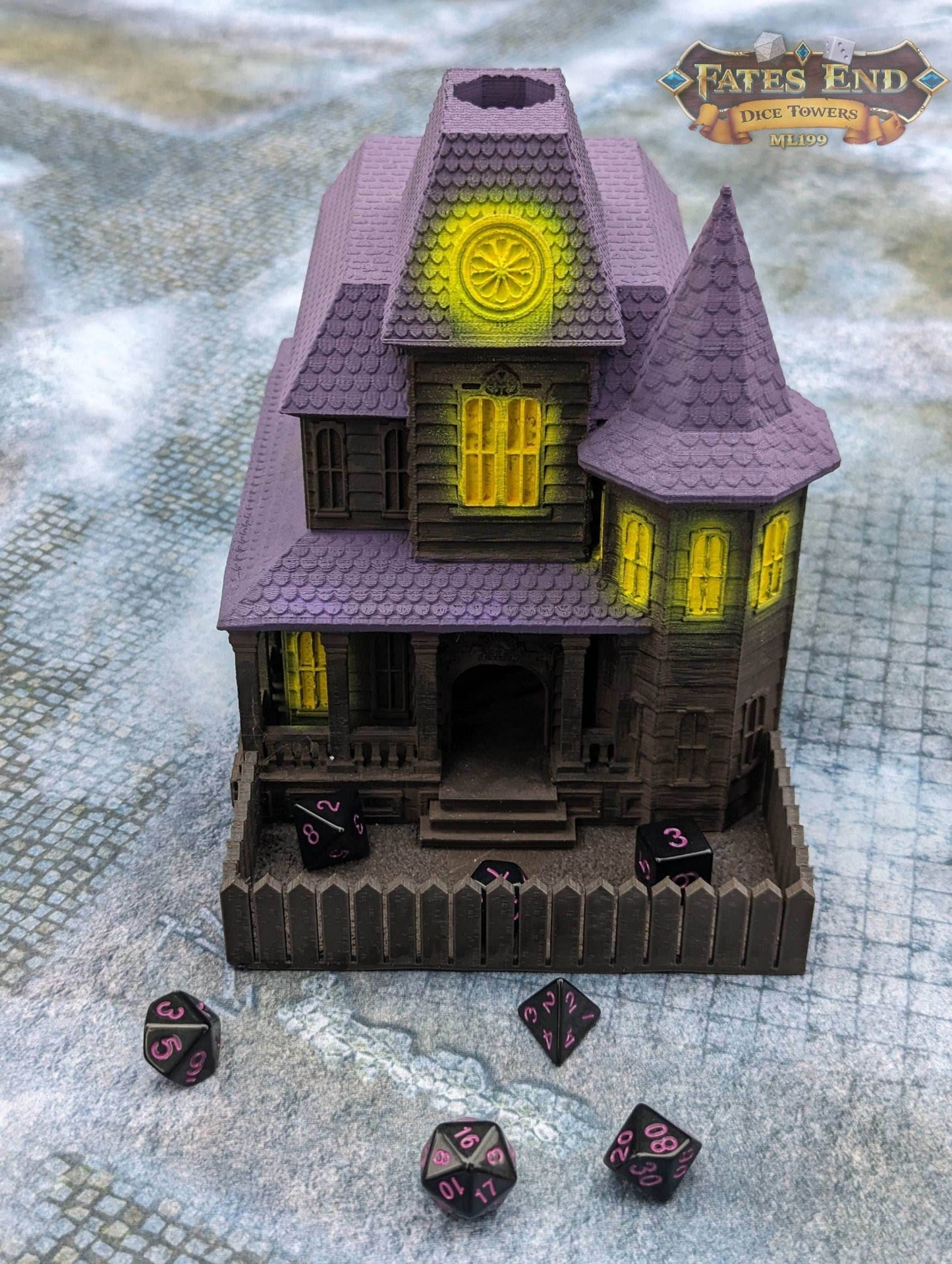 Haunted House 3D Printed Dice Tower - Fate's End Collection - Let the haunting begin!!! - Black / Yes- Include Random Dice Set