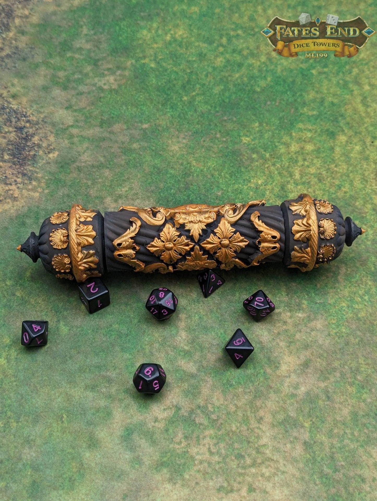 Scroll Case 3D Printed Dice Jail | RPG Dice Vault | D20 Storage Box | Player Gift - Fate's End Furhaven Collection - Enchanting secrets! - Black / Yes- Include Random Dice Set
