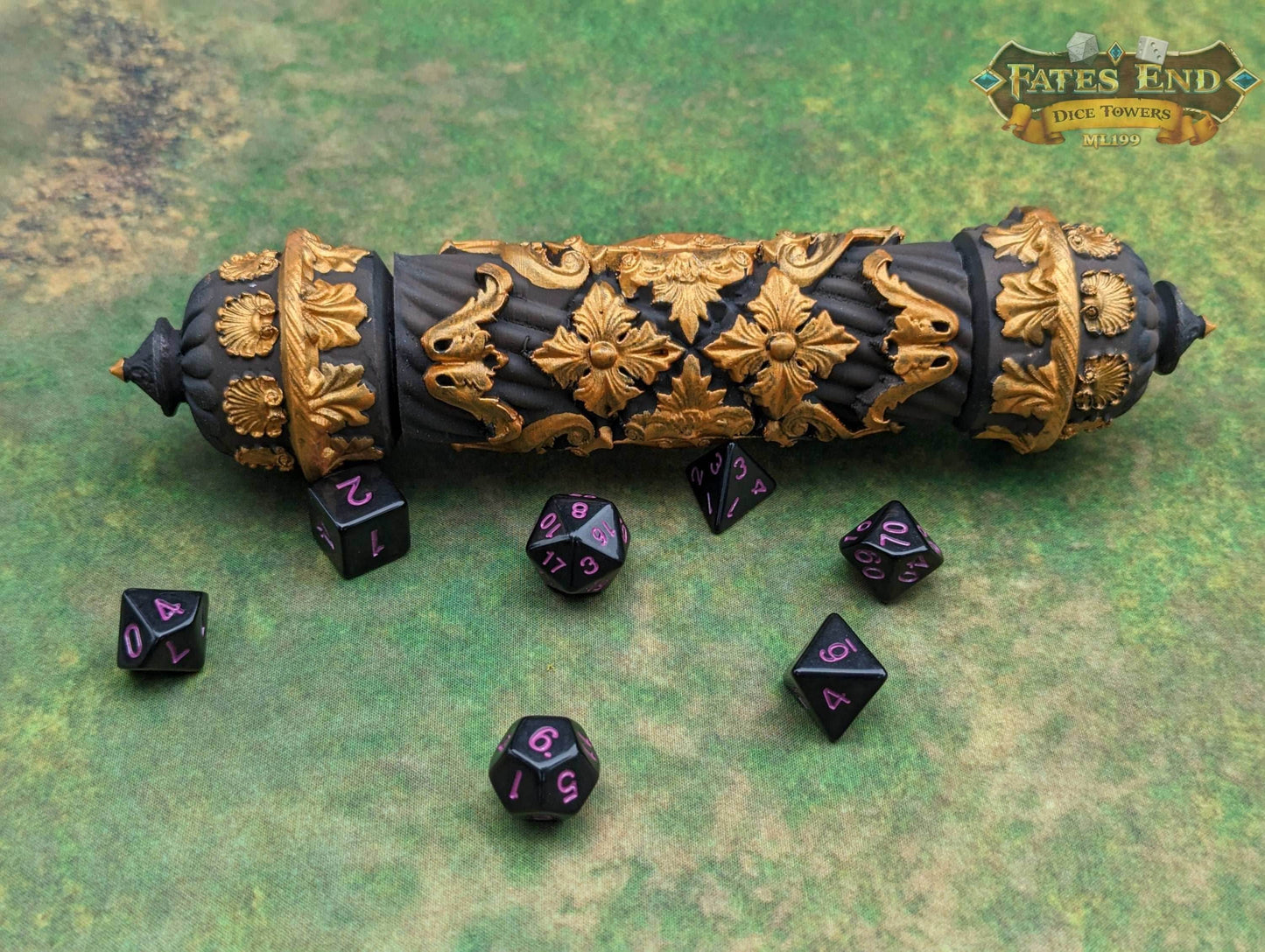 Scroll Case 3D Printed Dice Jail | RPG Dice Vault | D20 Storage Box | Player Gift - Fate's End Furhaven Collection - Enchanting secrets! - Black / Yes- Include Random Dice Set