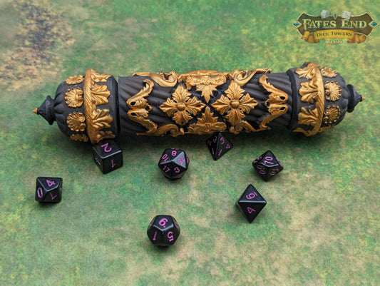 Scroll Case 3D Printed Dice Jail | RPG Dice Vault | D20 Storage Box | Player Gift - Fate's End Furhaven Collection - Enchanting secrets! - Black / Yes- Include Random Dice Set