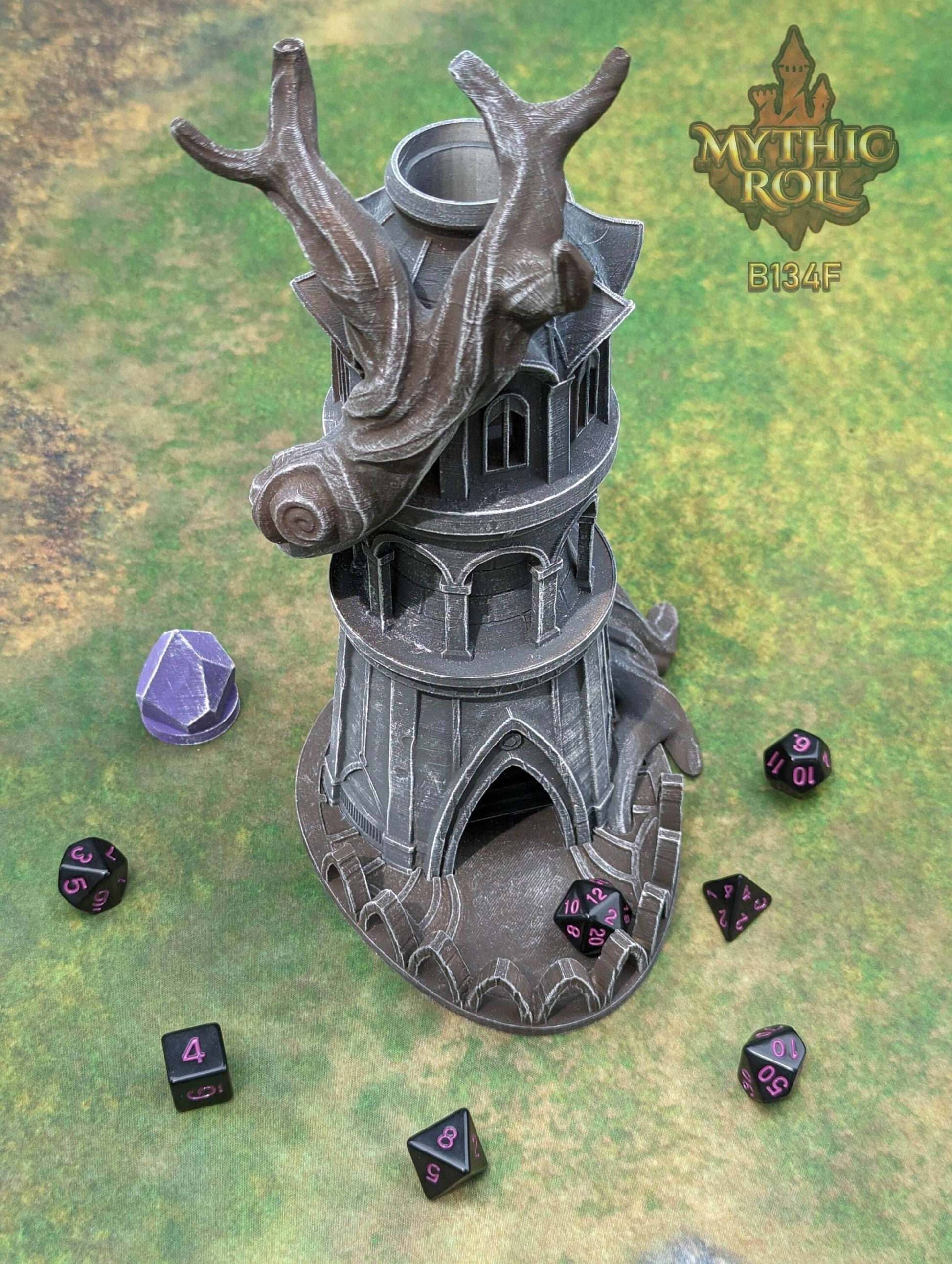 Elven Tree of Life 3D Printed Druid Dice Tower - Mythic Roll by Unchained Games | Elf D20 Dice Roller | Dice Vault - Embracing Nature! - Black / Yes- Include Random Dice Set