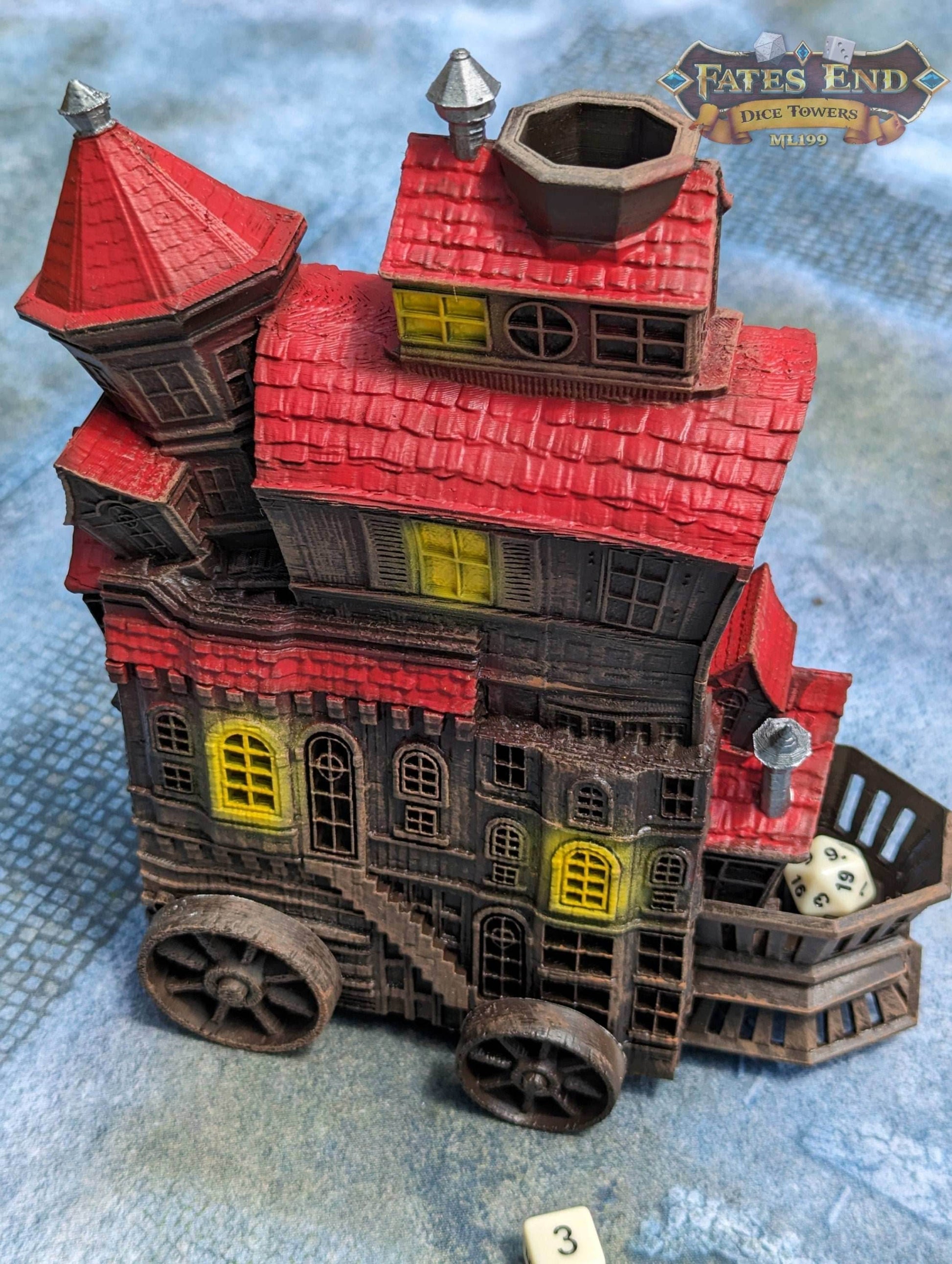 Merchant's Moving Castle Caravan 3D Printed Dice Tower - Fate's End Collection - Storage and Style! - Black / Yes- Include Random Dice Set