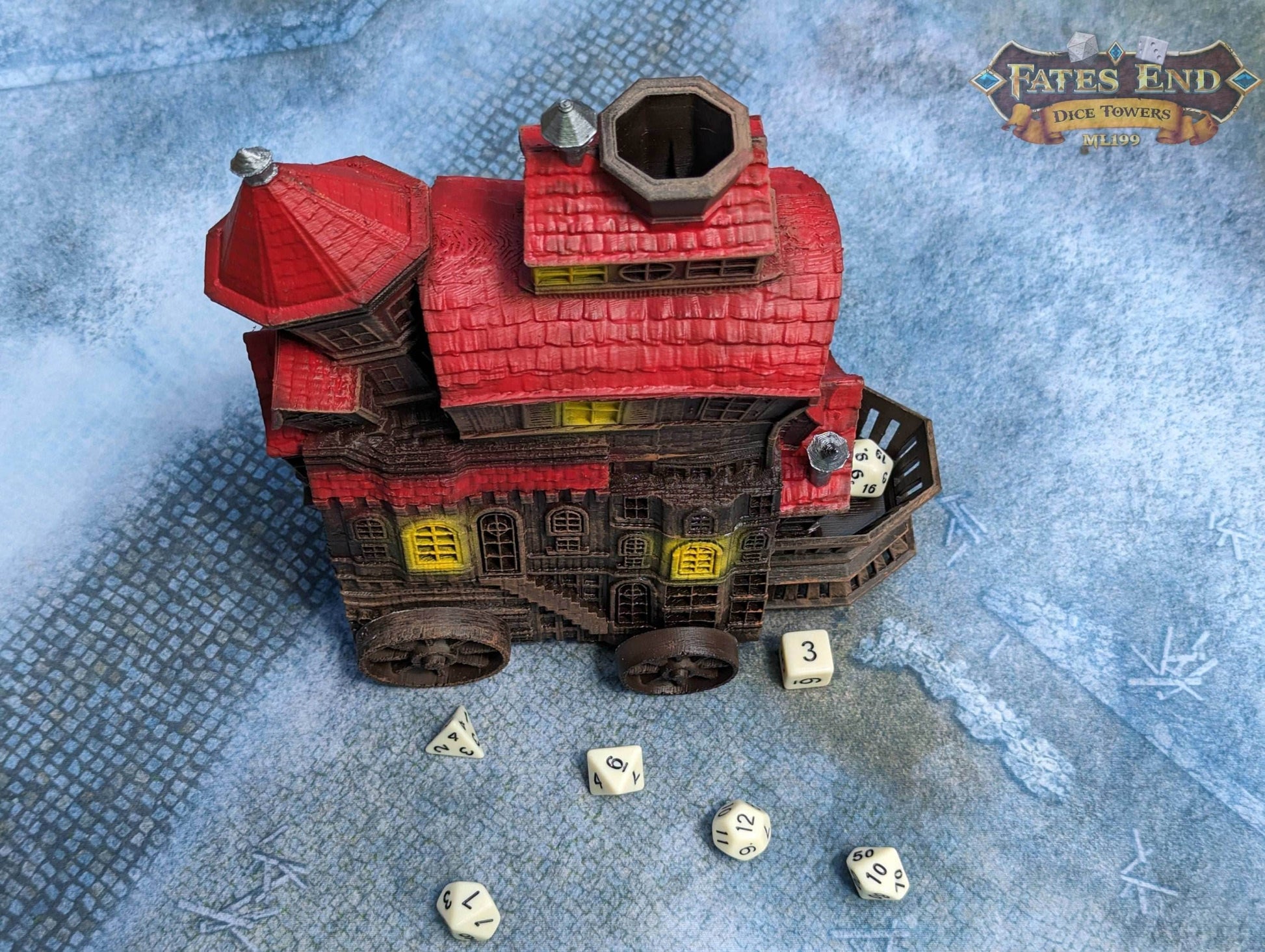 Merchant's Moving Castle Caravan 3D Printed Dice Tower - Fate's End Collection - Storage and Style! - Black / Yes- Include Random Dice Set