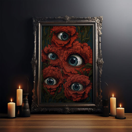 The All Seeing Flowers, Fantasy Dark Cottagecore, Creepy Bouquet, Gothic Art, Creepy Cottage Core, Unique Halloween Art, Forest Decor