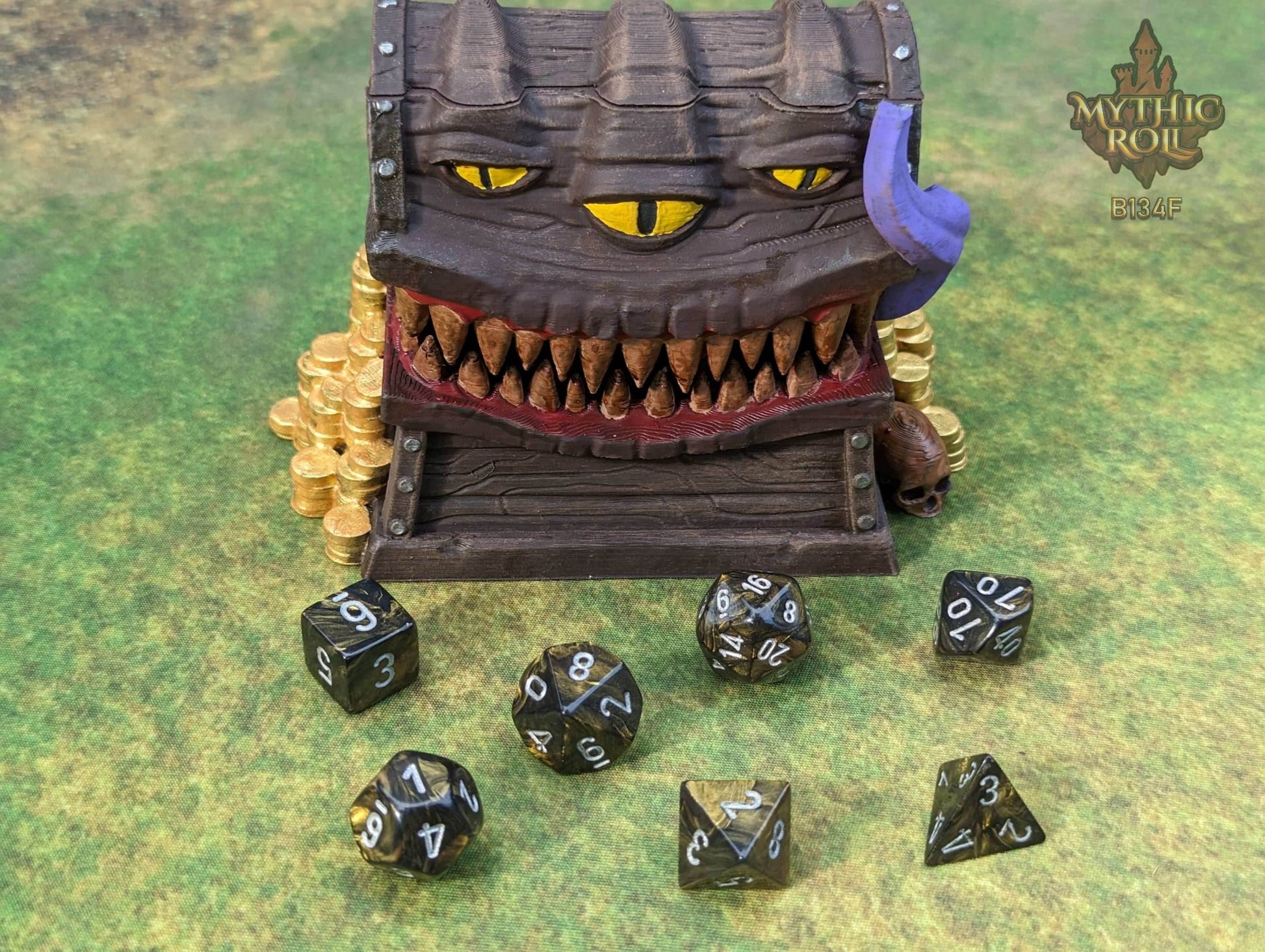 Mimic 3D Printed Dice Jail | RPG Dice Vault | D20 Storage Box | Player Gift - Beware the Mimic Dice Jail: Where Chance and Mystery Converge! - Black / Yes- Include Random Dice Set