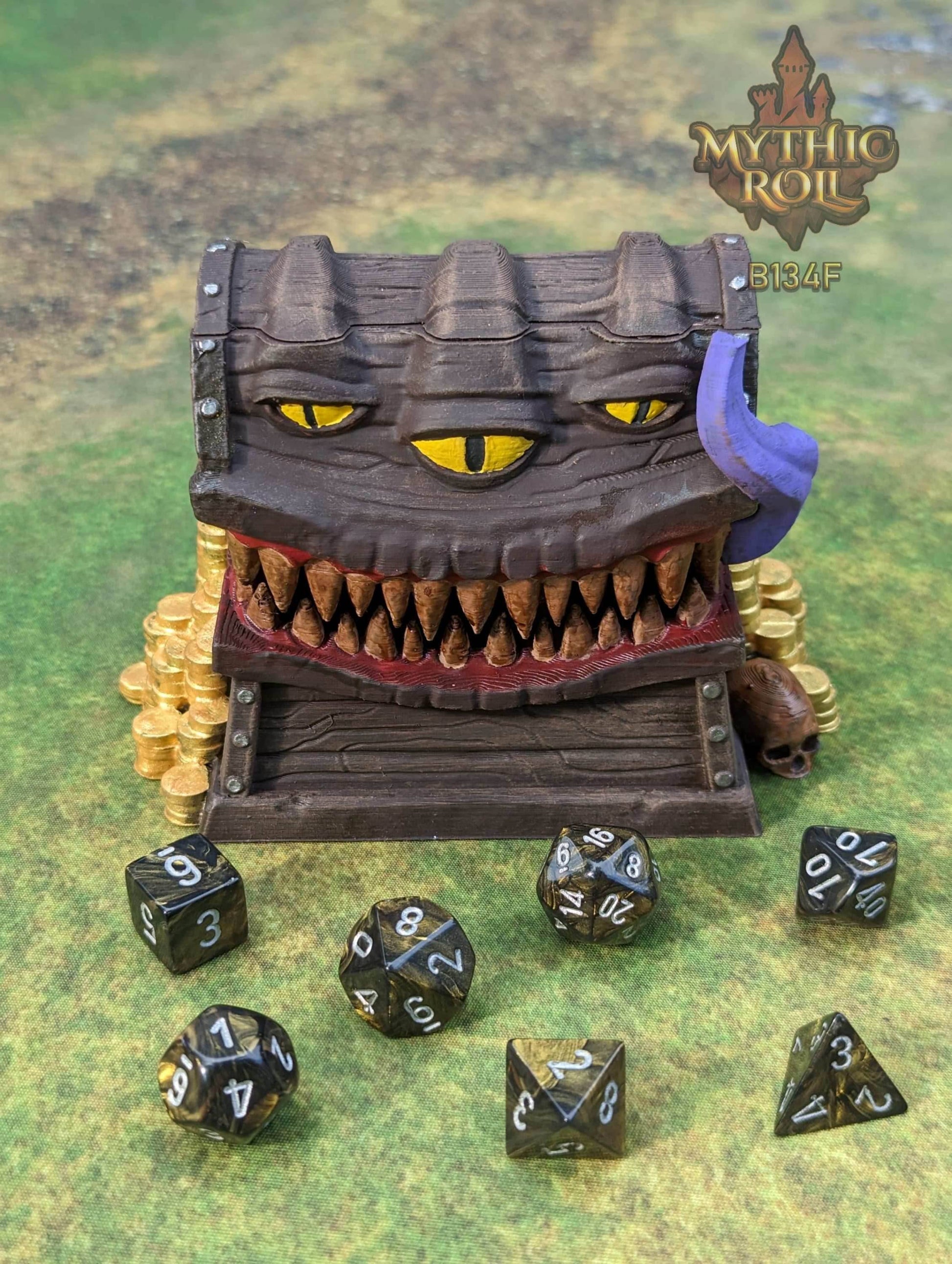 Mimic 3D Printed Dice Jail | RPG Dice Vault | D20 Storage Box | Player Gift - Beware the Mimic Dice Jail: Where Chance and Mystery Converge! - Black / Yes- Include Random Dice Set