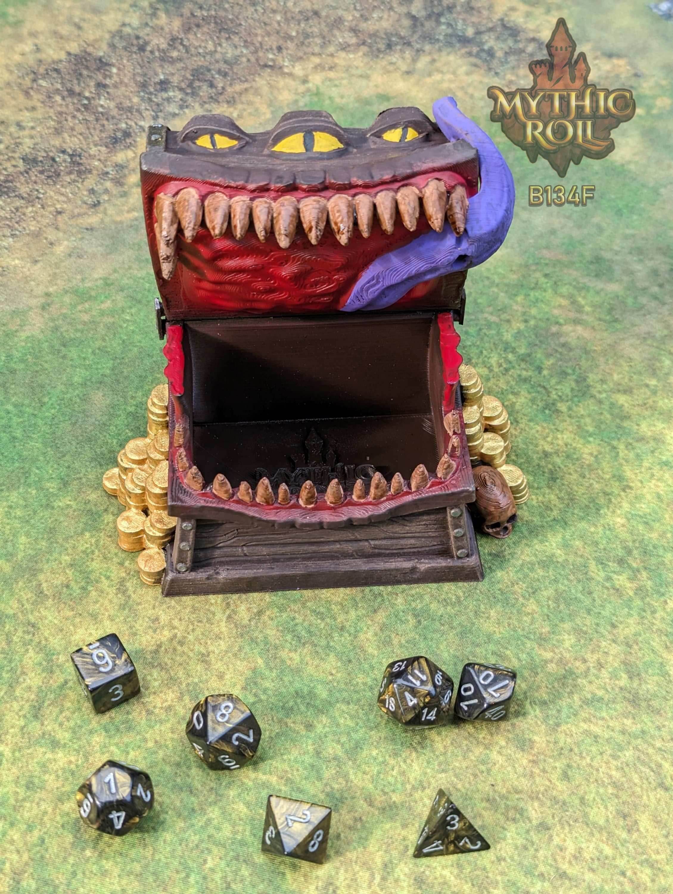 Mimic 3D Printed Dice Jail | RPG Dice Vault | D20 Storage Box | Player Gift - Beware the Mimic Dice Jail: Where Chance and Mystery Converge! - Black / Yes- Include Random Dice Set