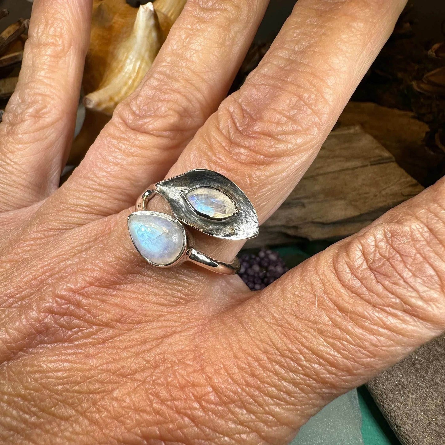 Courtney Celtic Spring Ring - 9 / Rainbow Moonstone