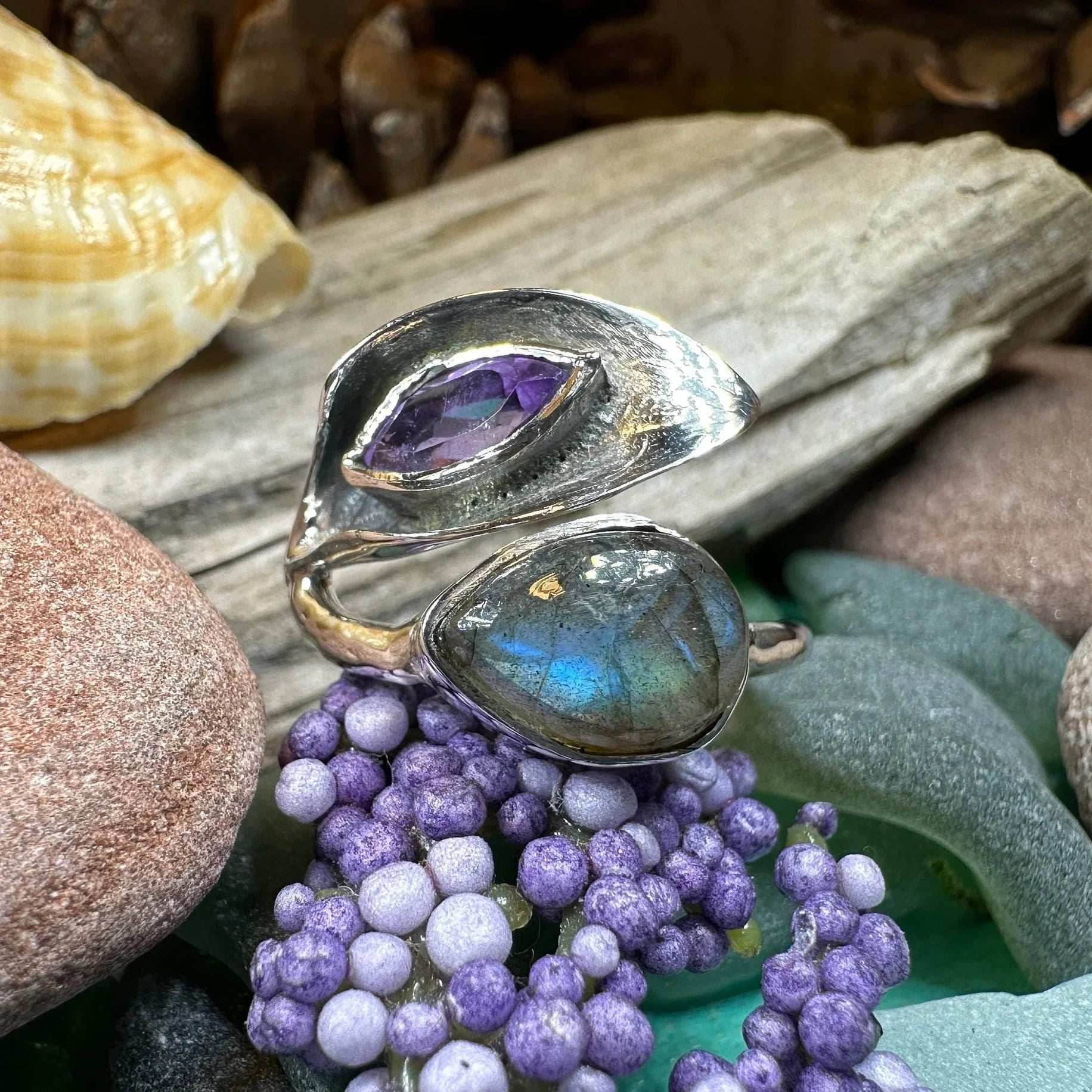 Courtney Celtic Spring Ring - 9 / Rainbow Moonstone