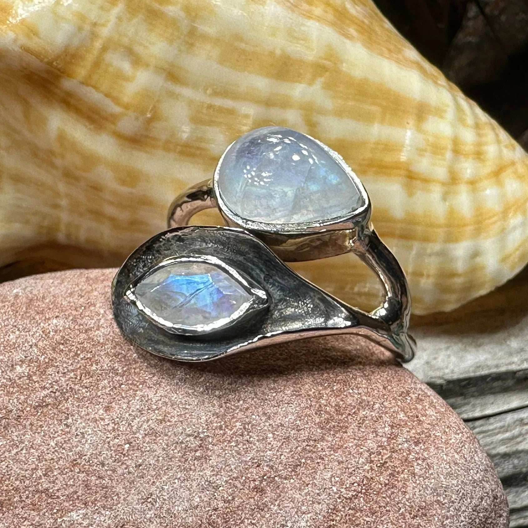 Courtney Celtic Spring Ring - 9 / Rainbow Moonstone