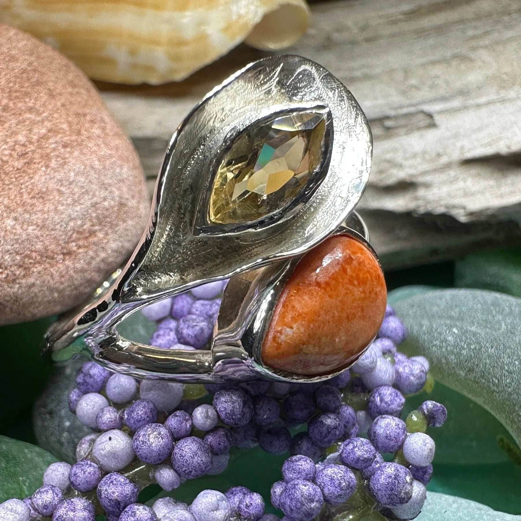 Courtney Celtic Spring Ring - 9 / Rainbow Moonstone