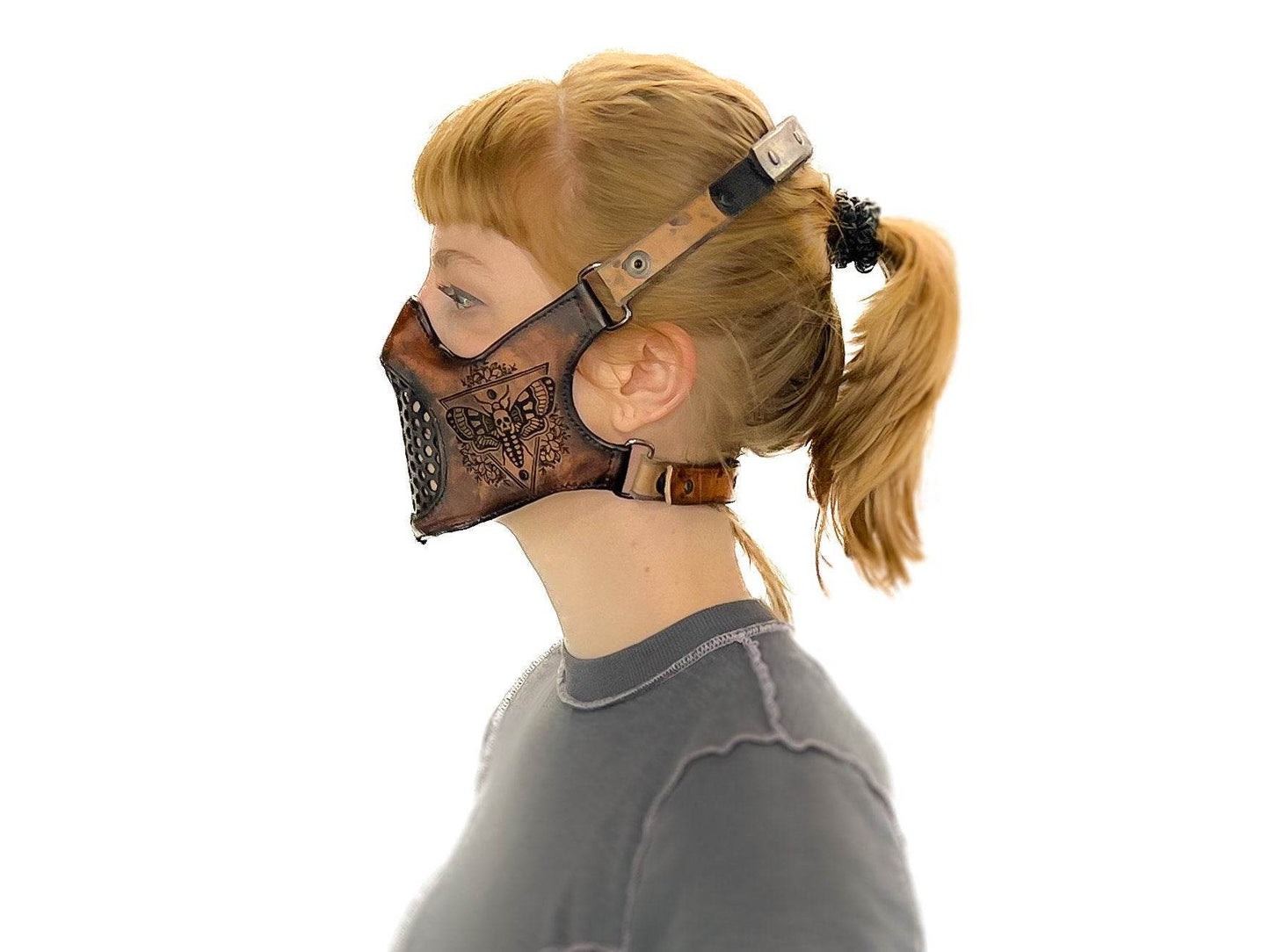 Fully Customizable and Personalizable Four Point Handcrafted Genuine Leather Mouth Riding Mask - Tan