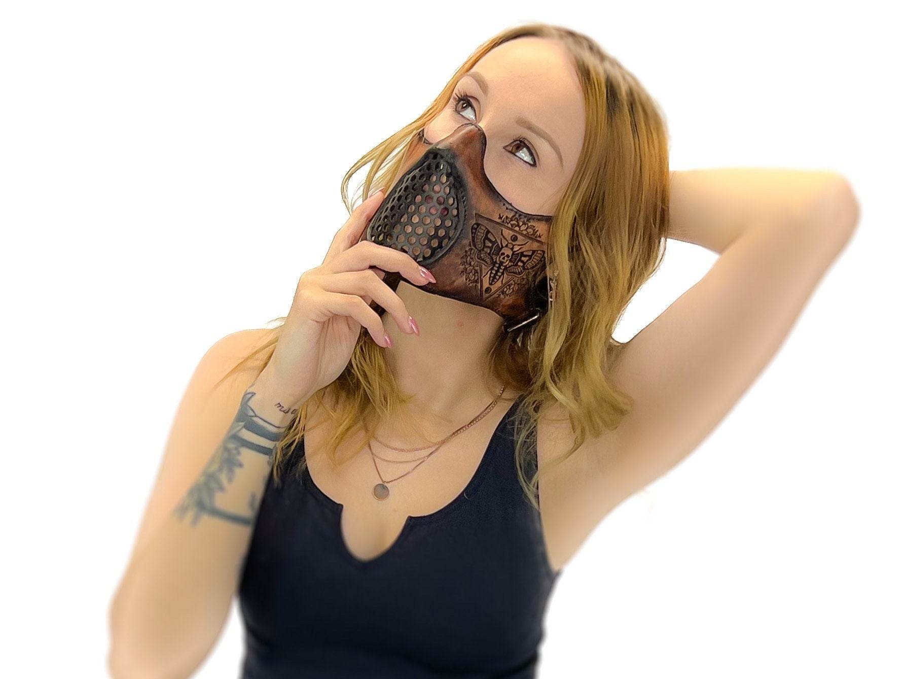 Fully Customizable and Personalizable Four Point Handcrafted Genuine Leather Mouth Riding Mask - Tan