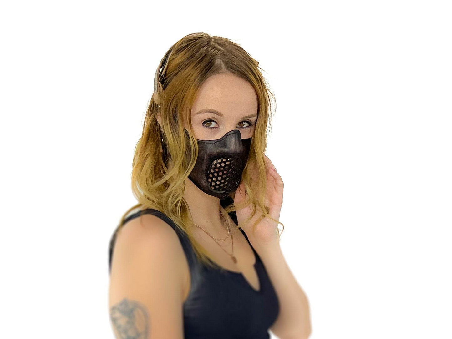 Fully Customizable and Personalizable Four Point Handcrafted Genuine Leather Mouth Riding Mask - Tan